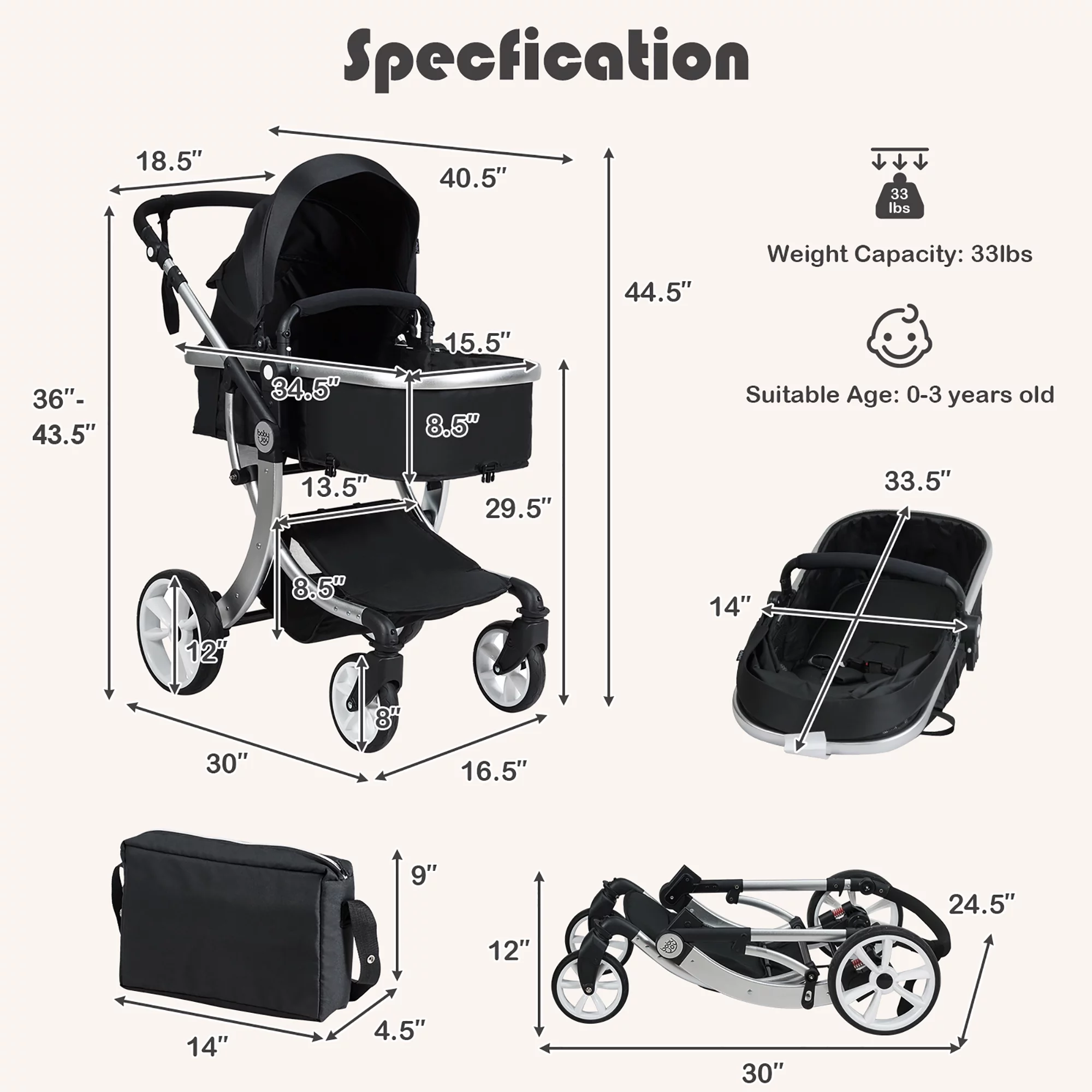 Baby Jogging Stroller Jogger Travel System w/Adjustable Canopy for Newborn Grey - Womvr