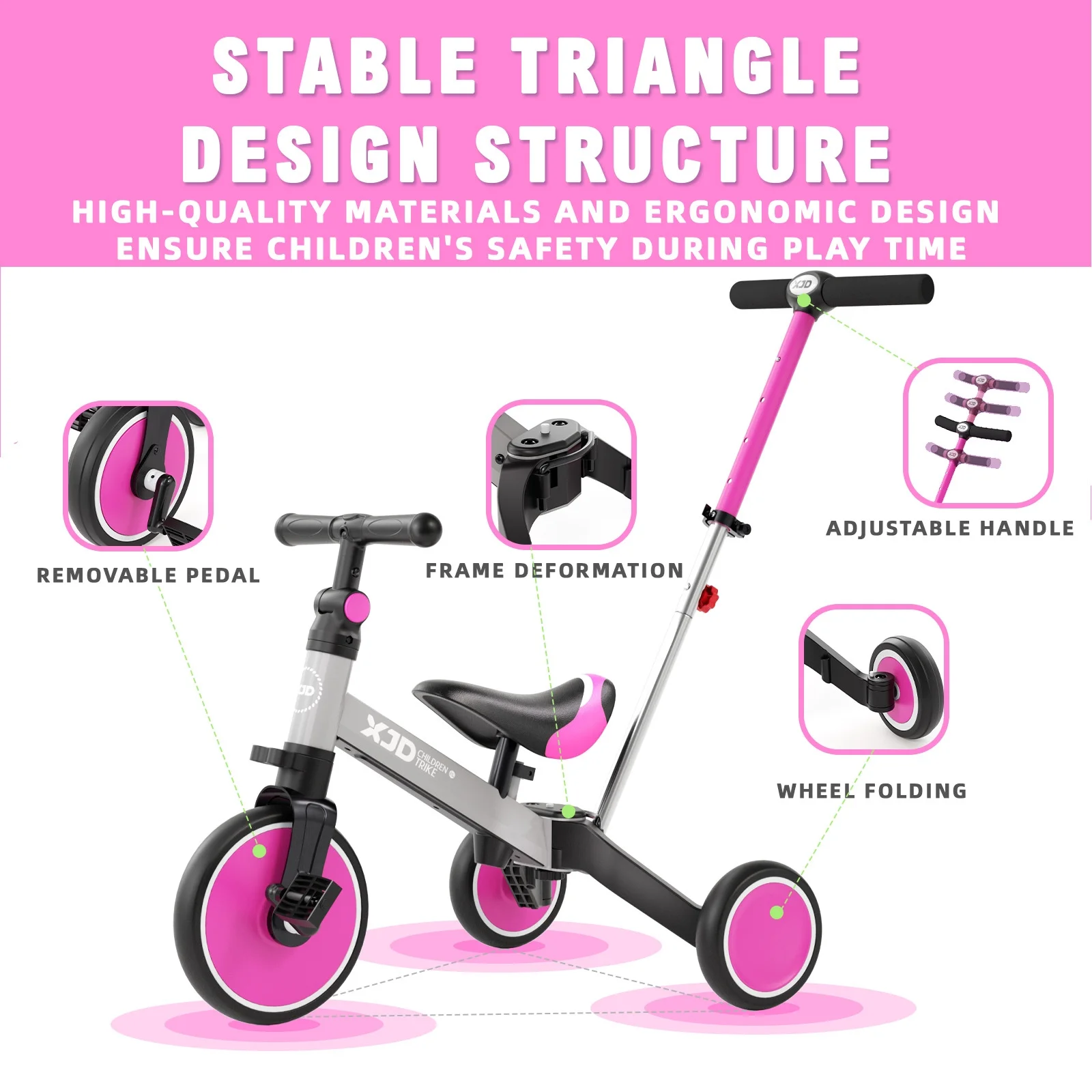 XJD 7 in 1 Toddler Tricycle with Push Handle,Toddler Bike for 1-3 Years Old Boy Girl, Toddler Push Tricycle, Baby Bike Balance Bike with Adjustable Seat Height and Removable Pedal - Womvr
