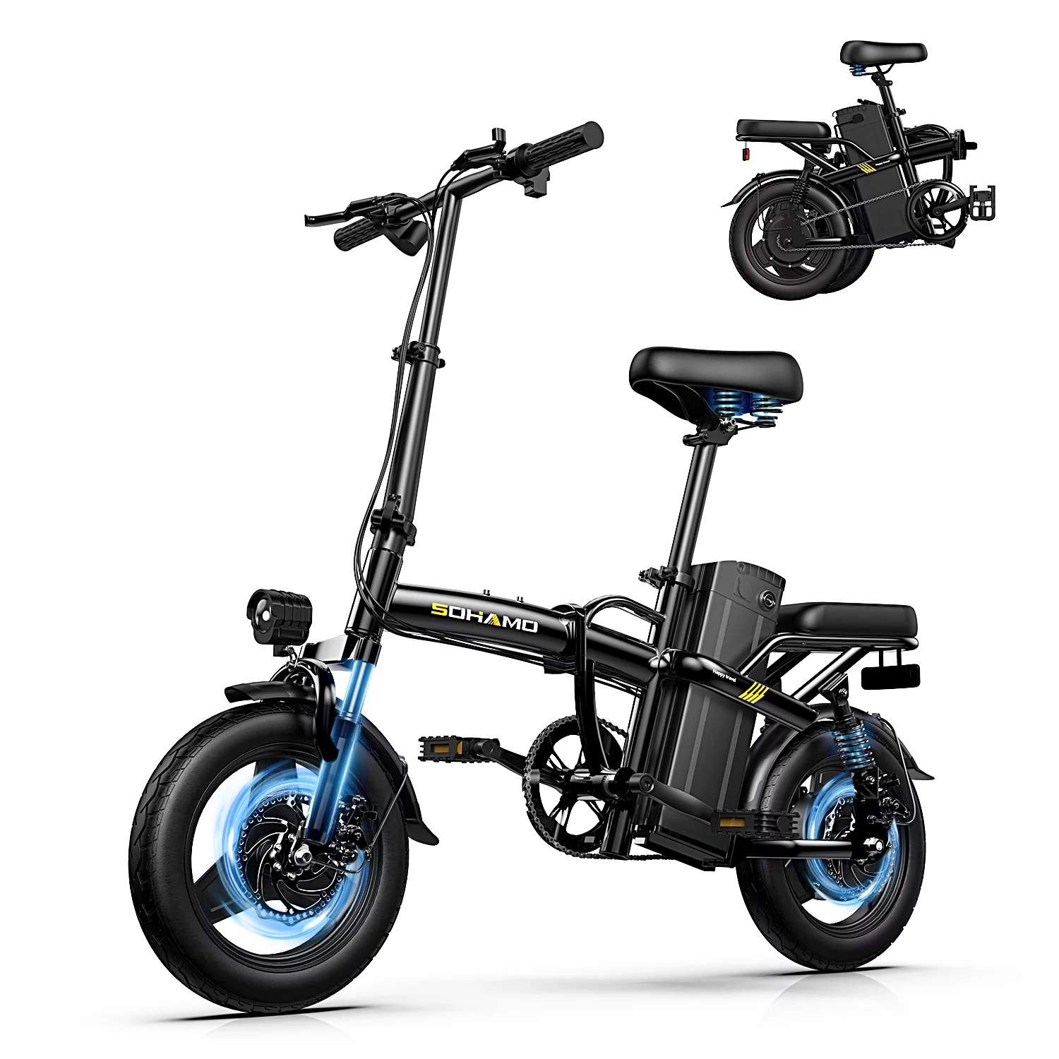 SOHAMO A2 Folding Electric Bike for Adults and Teens, 400W Motor Mini E-Bike 48V 13Ah Removable Battery 20 mph City Commuter Bike, Full Suspension - Womvr