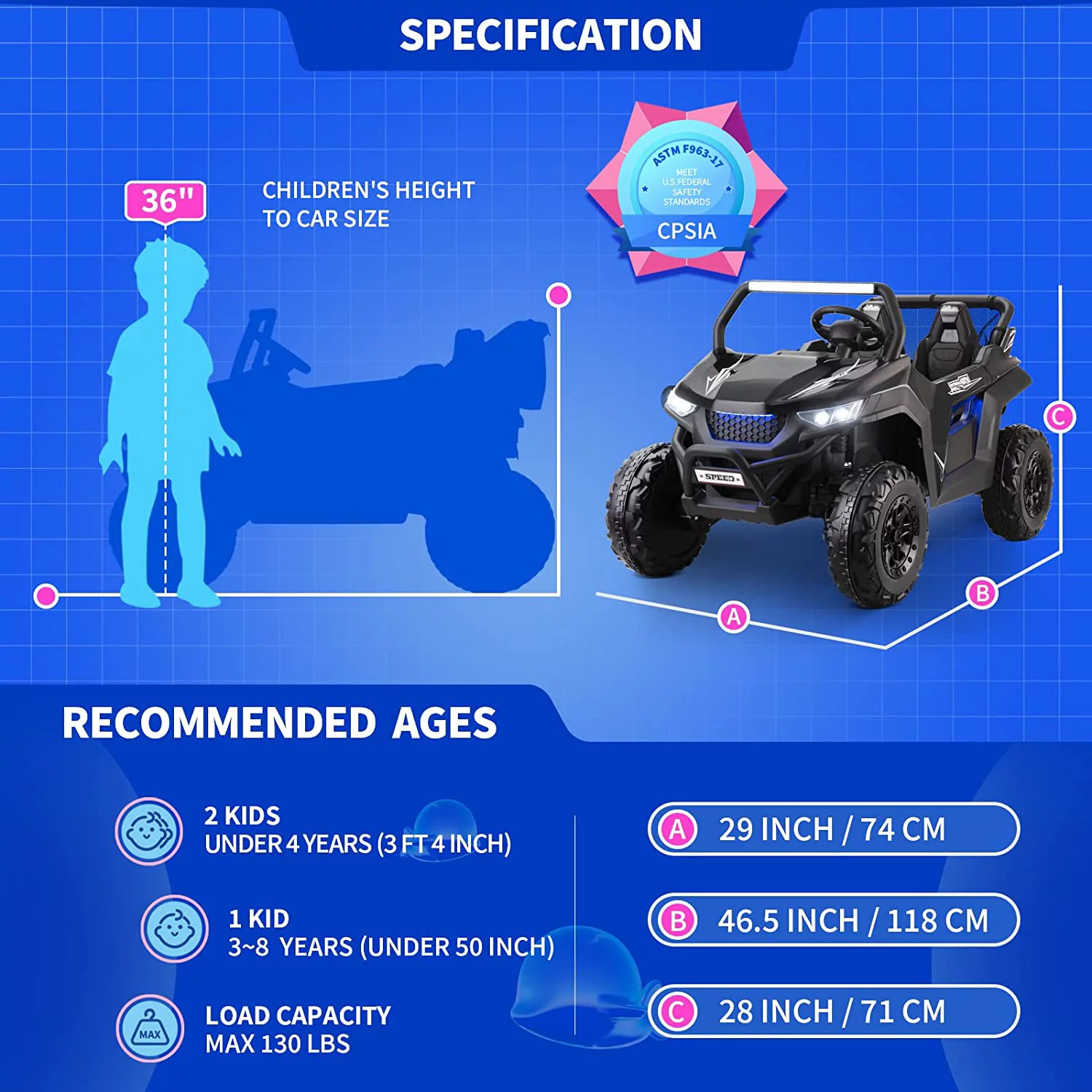 Joywhale 24V 2 Seater Kids Ride on UTV Car Powerful Electric Vehicle, with Big Battery, 4x75W Strong Motor, Remote Control, Suspension, Deep Sea Blue - Womvr