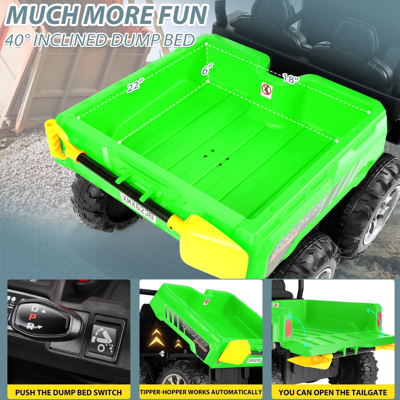 Funcid 24 V 4WD Kids Kids Ride on UTV with Remote Control, 2 Seater 6-Wheel Ride on Dump Truck Car, Ride on Toys w/ Tipping Bucket Trailer & Shovel,Bluetooth Music, Black - Womvr