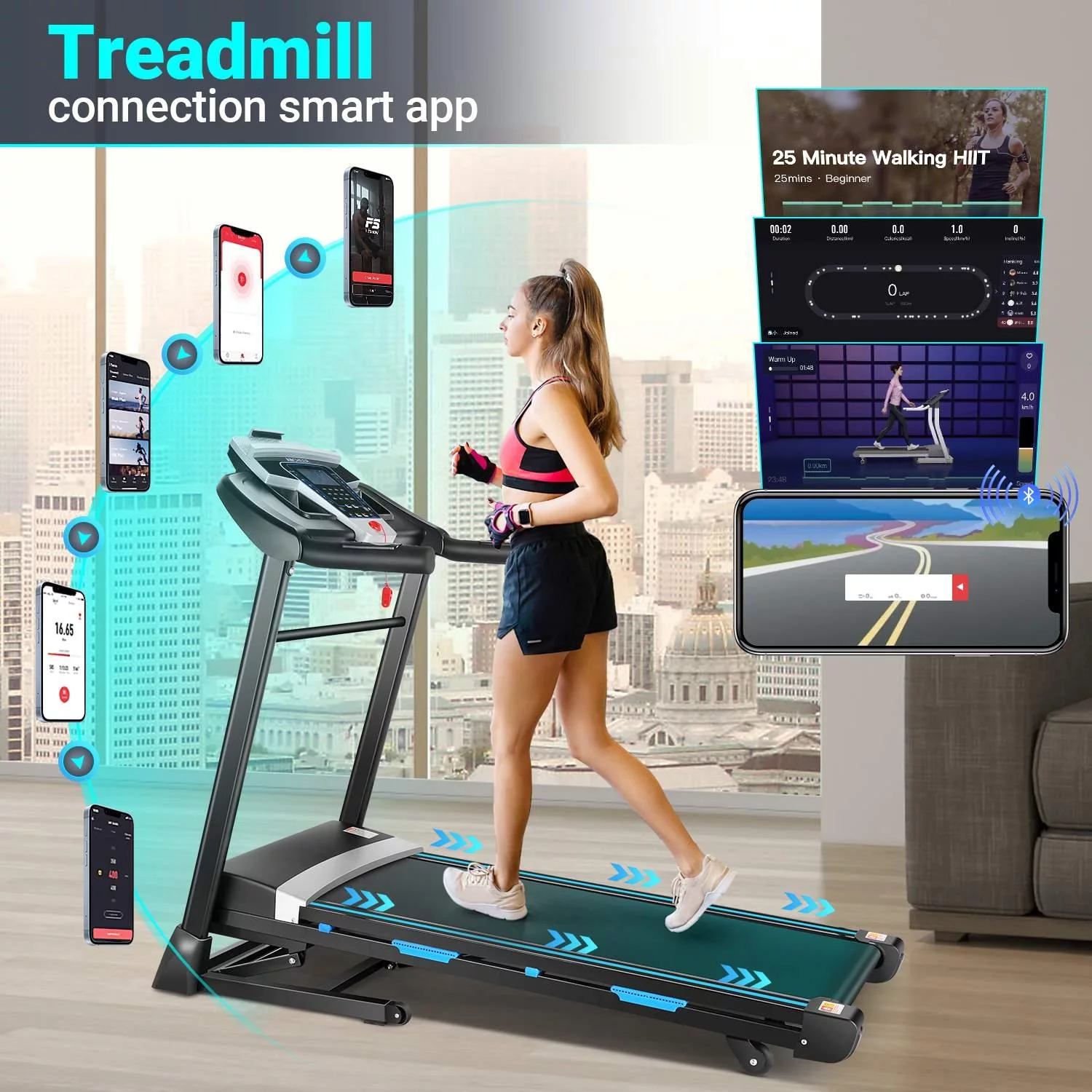 Tikmboex 15-Level  Auto Incline Treadmill with Bluetooth Speaker and LCD Dispaly, Electric Smart Control Running Machine for Exercise, Blue Black - Womvr