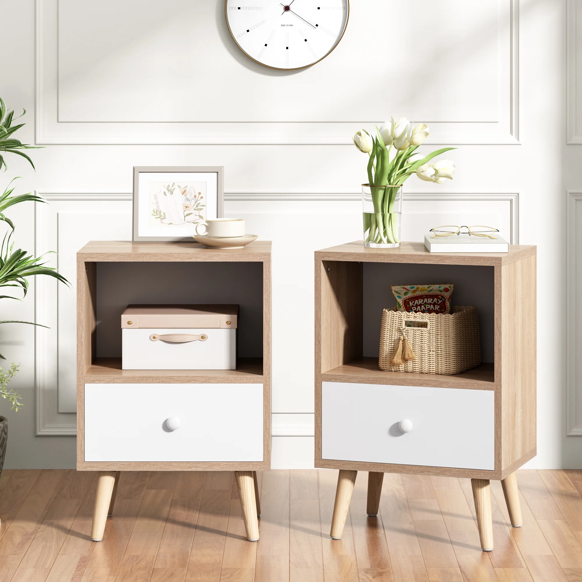 JAXPETY Nightstands Set of 2, Night Stand with 1 Drawer and Open Shelf Storage, End Table, Side Table, for Bedroom, Living Room, Natural Wood & White - Womvr