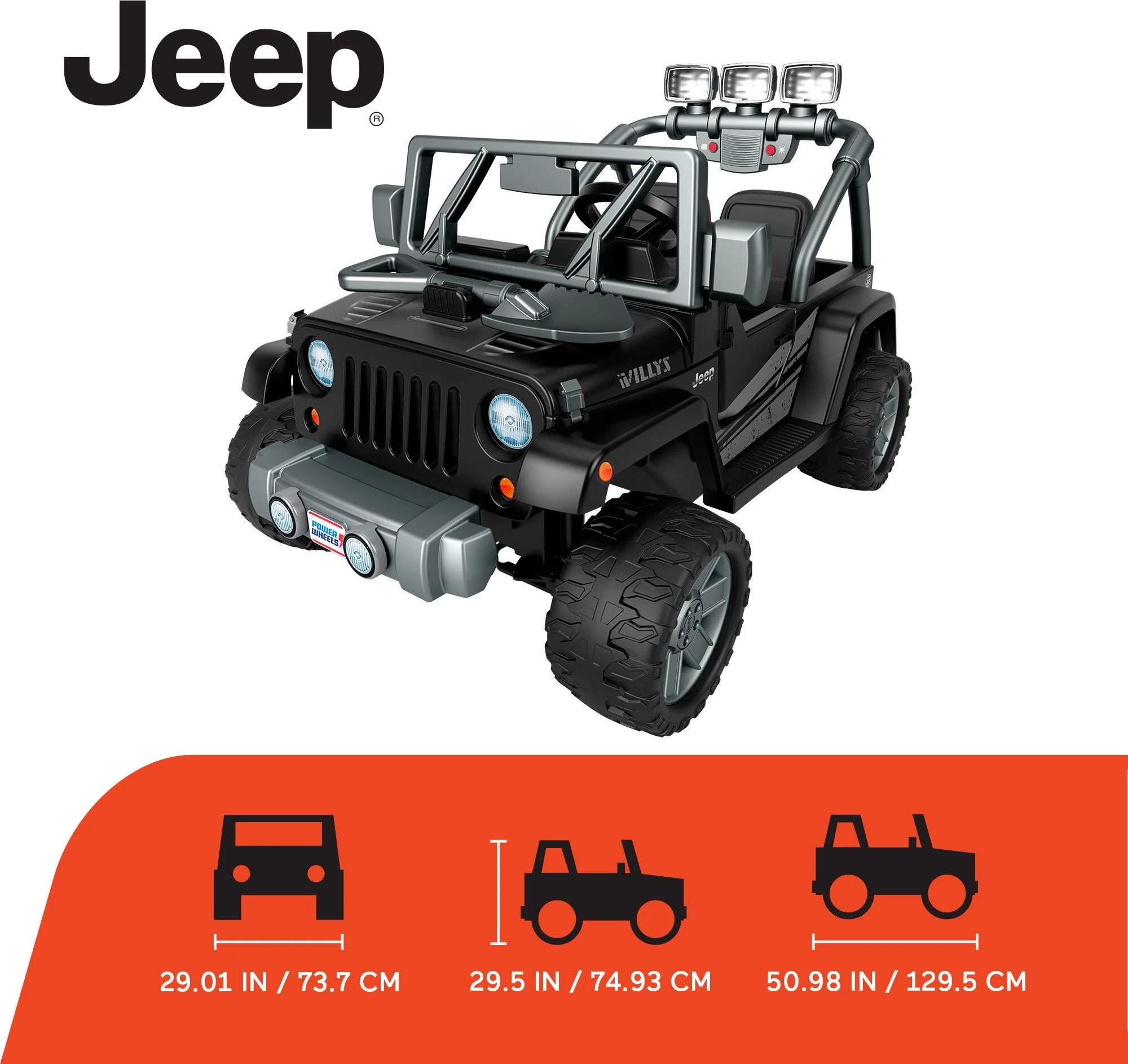 12V Power Wheels Jeep Wrangler Willys Battery-Powered Ride-On Vehicle with Lights & Sounds, Black - Womvr