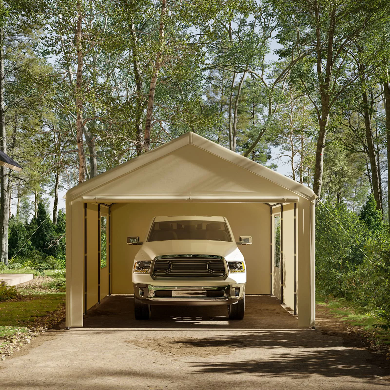 Gardesol Carport, 12'x20' Extra Large Heavy Duty Carport with Removable Sidewalls & Doors, Portable Garage Car Canopy for Car, Truck, SUV, Beige - Womvr
