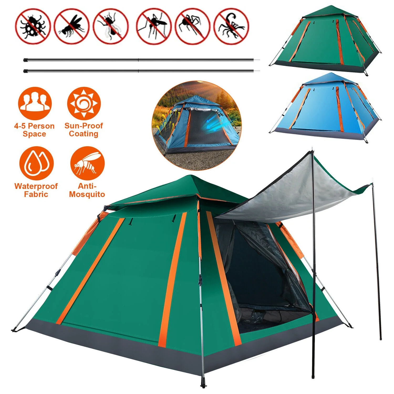 3-4 Person Tent Pop Up Outdoor Camping Auto Instant Open Family Tent Tourist Tent - Womvr