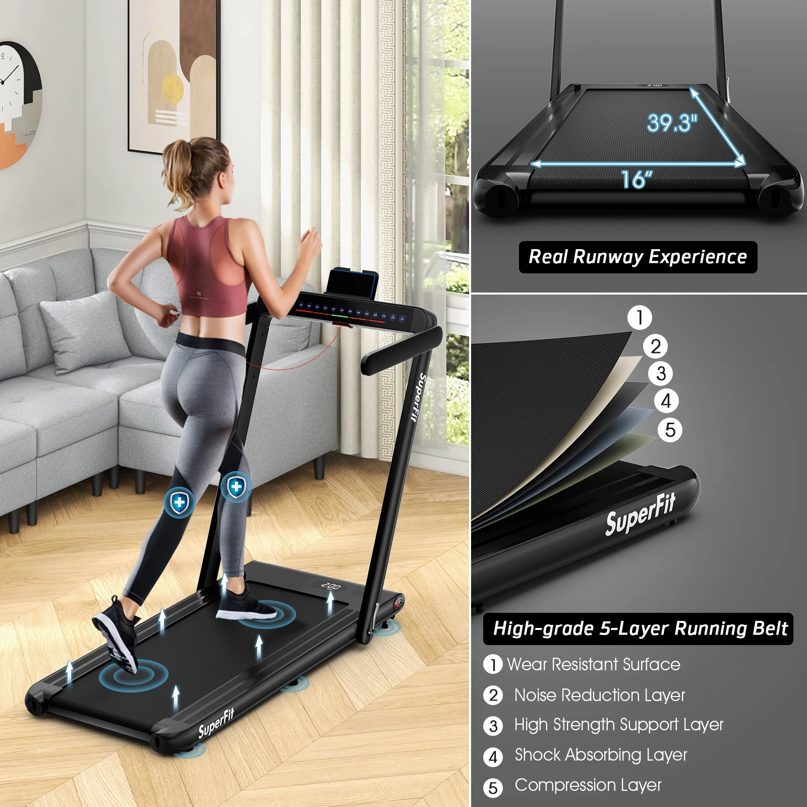 SuperFit Up To 7.5MPH 2.25HP 2 in 1 Dual Display Screen Folding Treadmill Jogging Machine W/APP Control Silver - Womvr