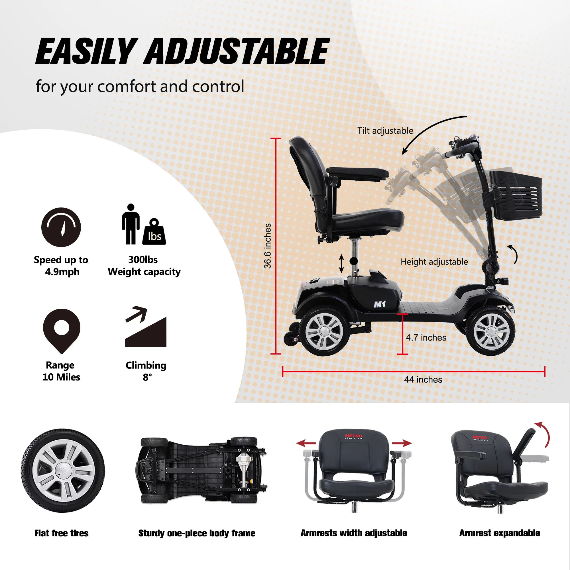Electric Mobility Scooter for Adults and Seniors - 300 lbs Max Weight, 4-Wheel Powered Mobility Scooters Wheelchair Device for Travel, Elderly (with Head Light-White) - Womvr