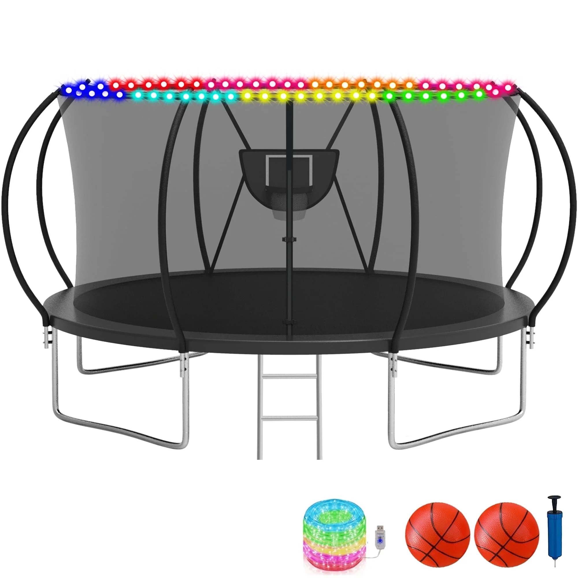 KOFUN Trampoline with Basketball Hoop & Light, 1500lbs 10FT 12FT 14FT 16FT Trampoline for Adults and Kids, No Gap Design Backyard Trampoline with Enclosure Net, Ladder, Green - Womvr