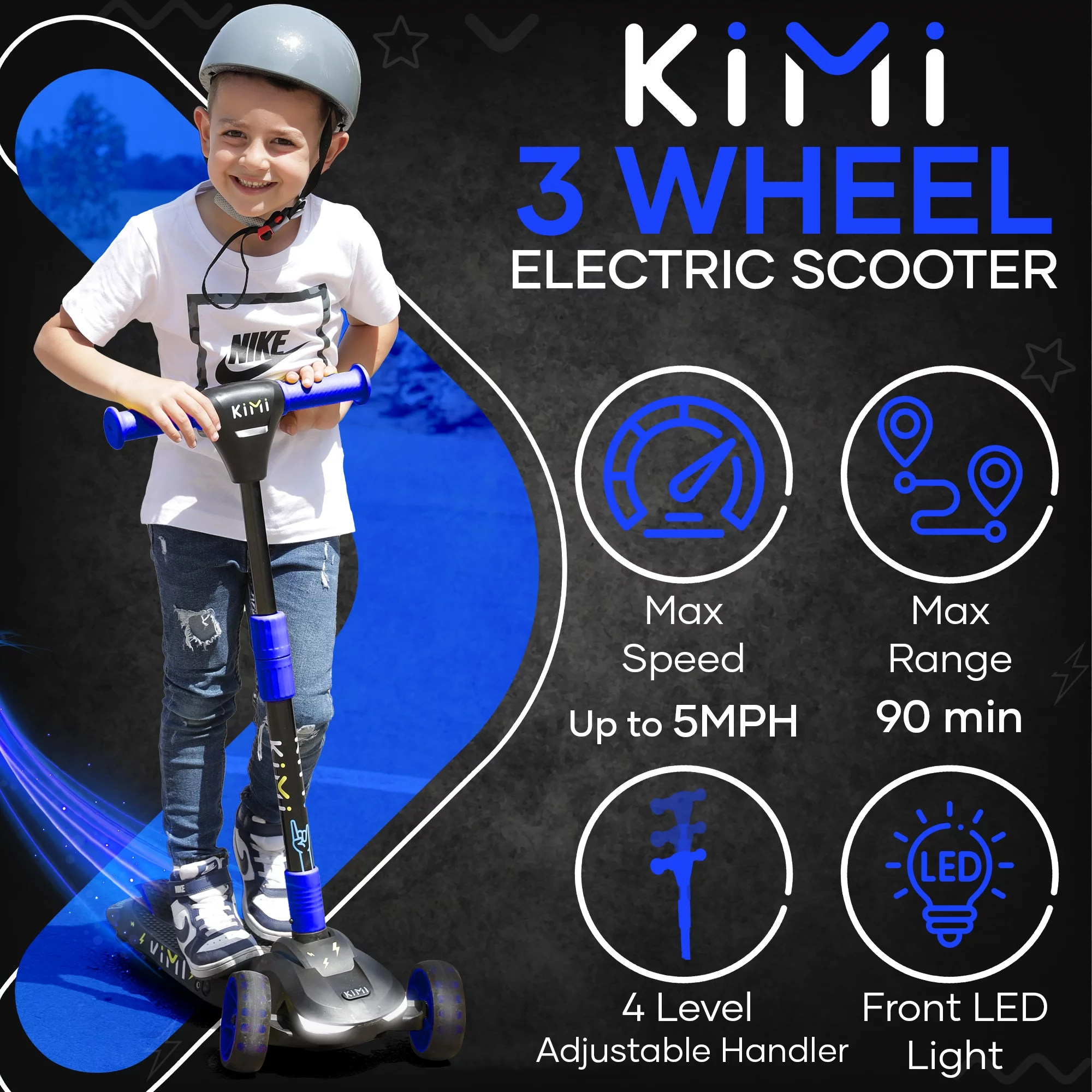 Kimi Kids 3-Wheel Electric Scooter, Ages 2-9, 5Mph, Lights, 10 Miles Range - Womvr