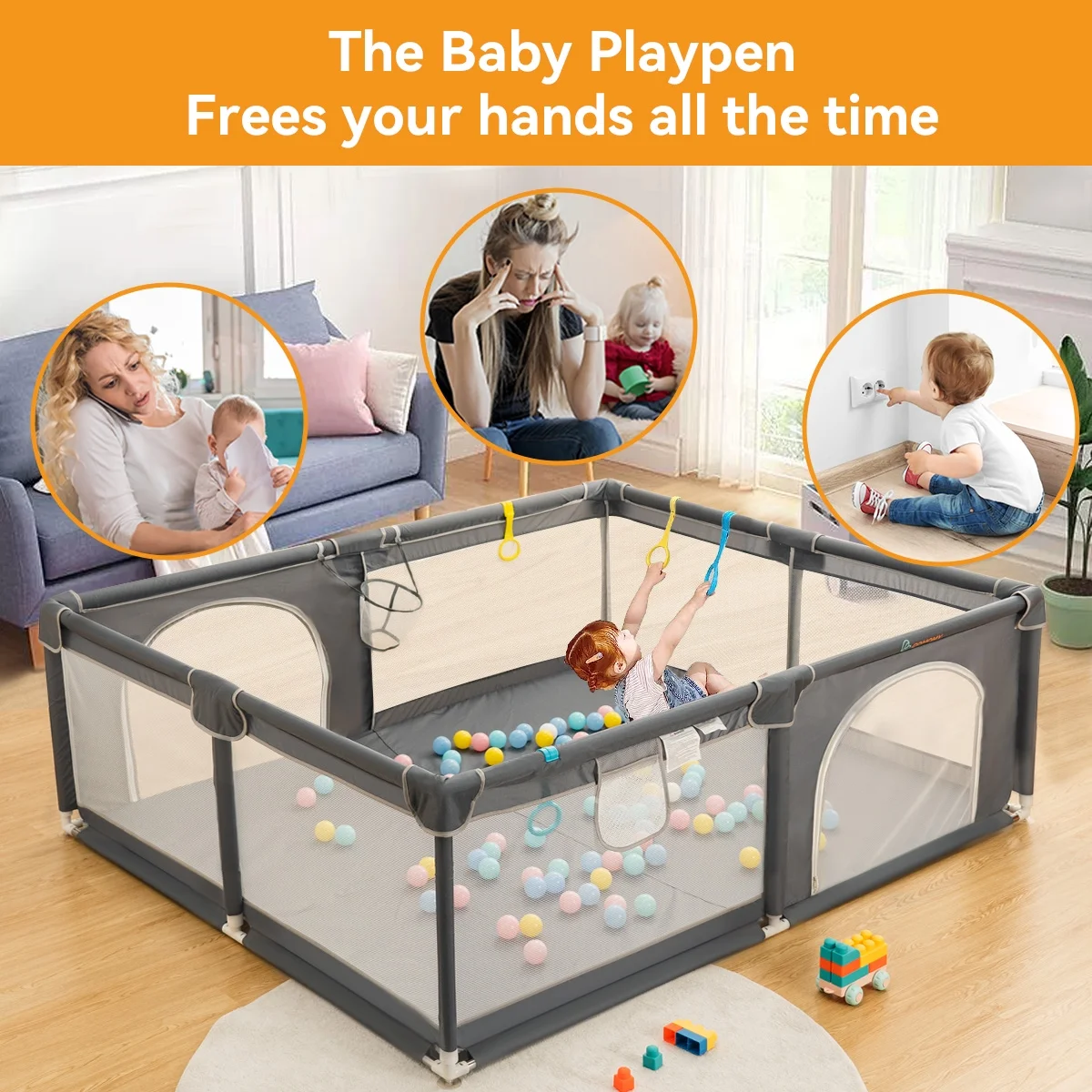 Baby Playpen, 36x36x27inch Portable Soft Mesh Sturdy Pipe Ample Space for Toddler, Gray - Womvr
