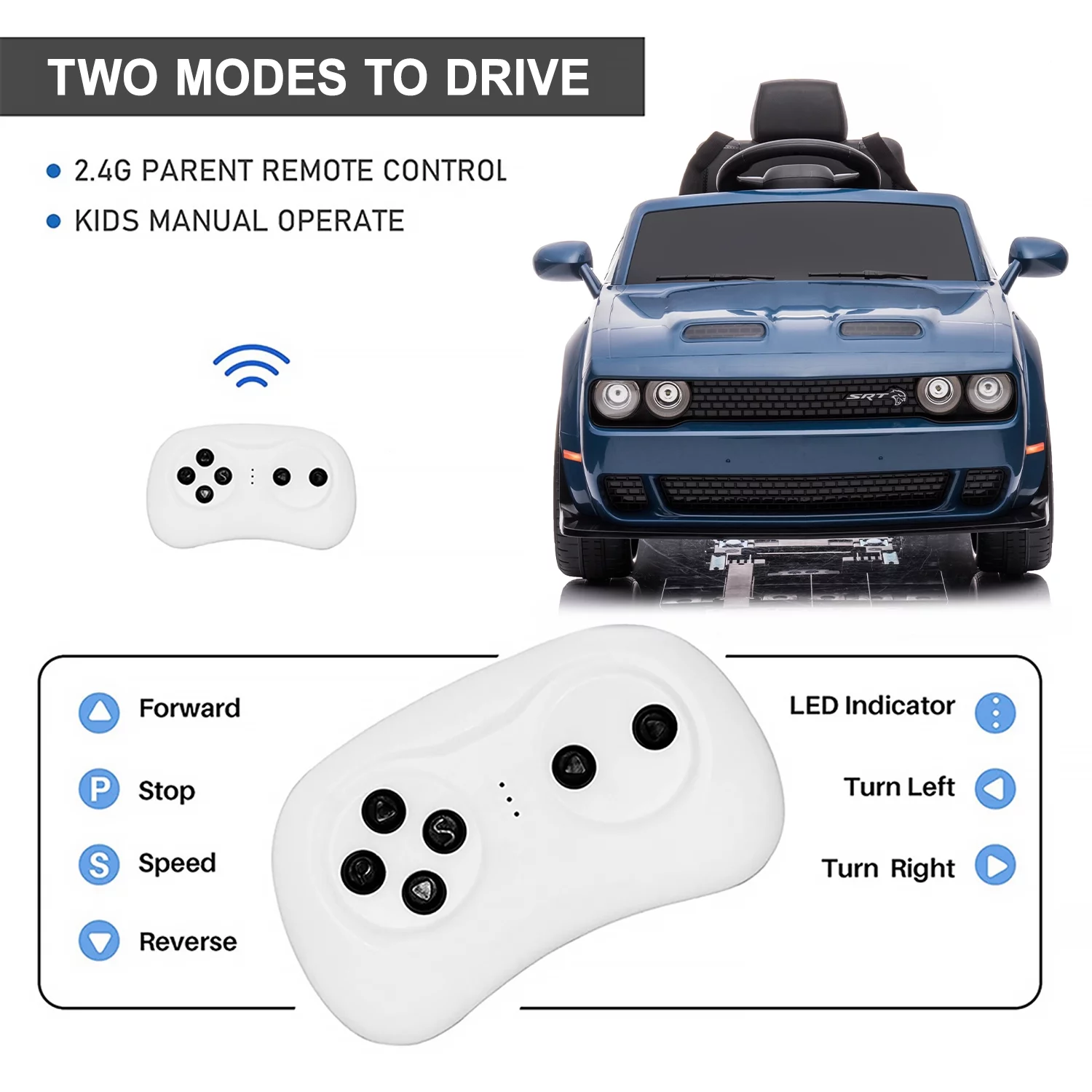 Dodge Challenger 12 V Powered Ride On Car with Remote Control, SRT Hellcat Toys for Kids, Black - Womvr