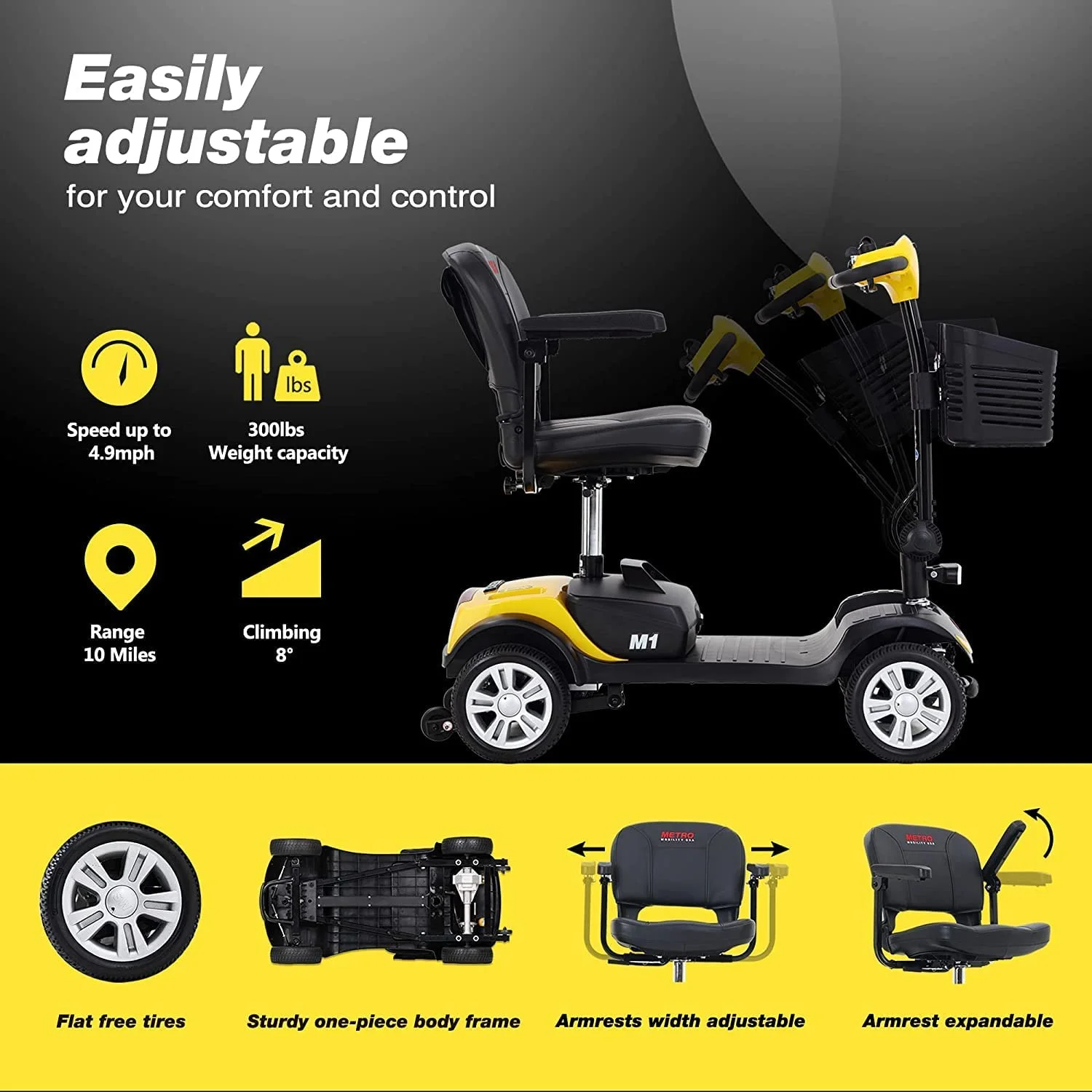 Electric Mobility Scooter for Adults and Seniors - 300 lbs Max Weight, 4-Wheel Powered Mobility Scooters Wheelchair Device for Travel, Elderly (with Head Light-White) - Womvr