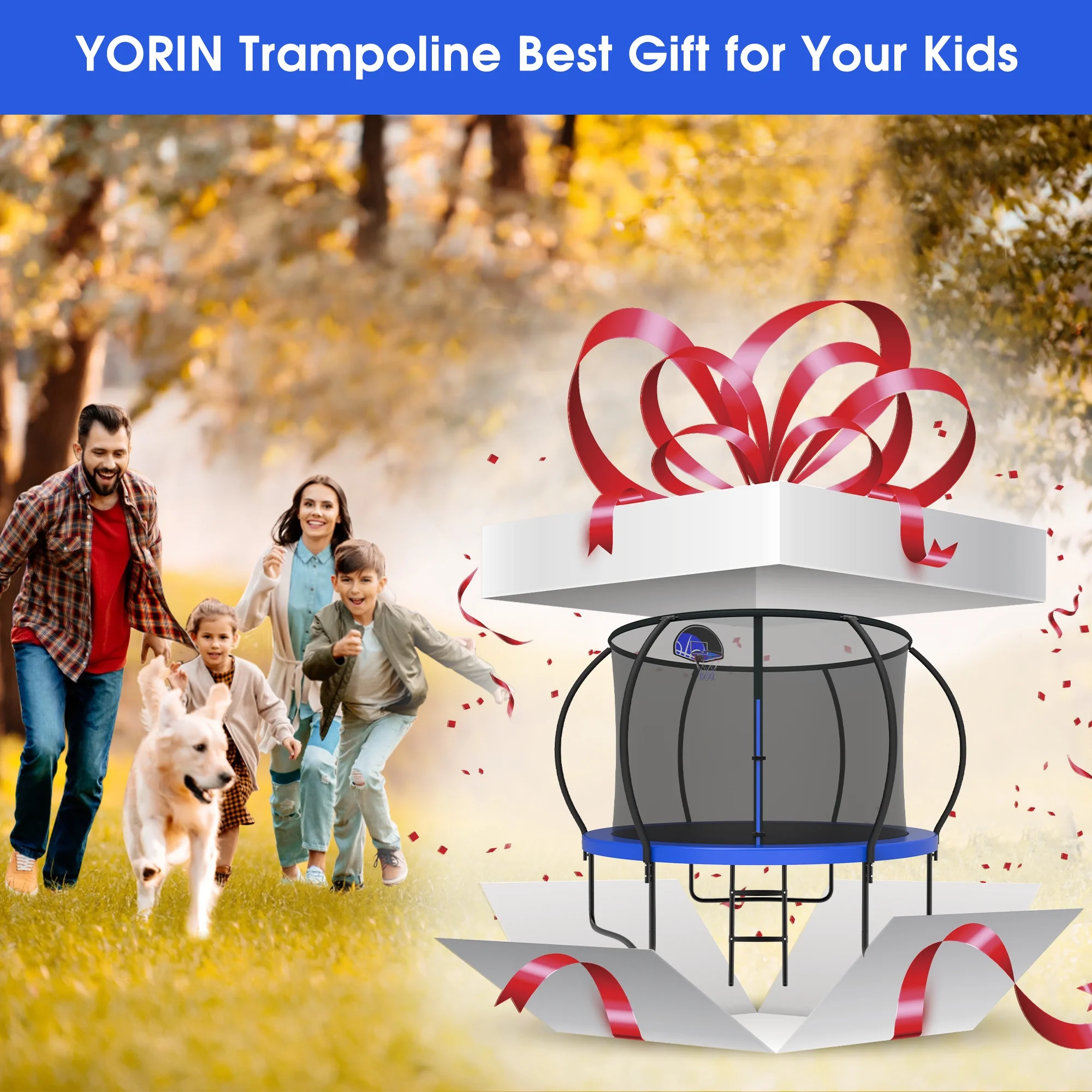 YORIN Trampoline for 2-3 Kids, 8FT 10FT Trampoline for Adults with Enclosure Net, Basketball Hoop, Ladder, 800LBS Outdoor Recreational Trampoline with Light, Sprinkler, Socks, Heavy Duty Trampoline - Womvr