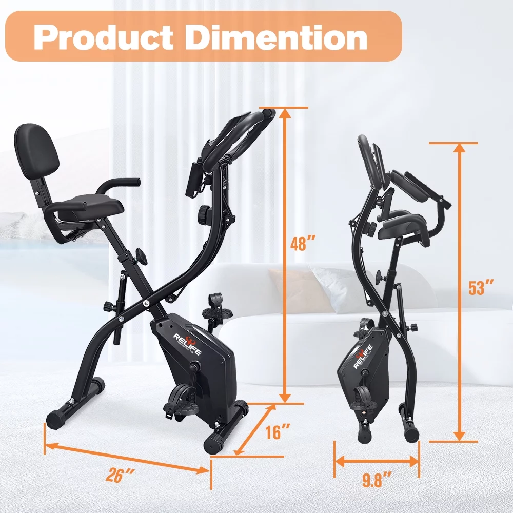 Relife Folding Exercise Bikes 3-in-1 x-Bike Indoor Portable Exercise Bikes, Foldable Stationary Bike with Arm Resistance Band, 53