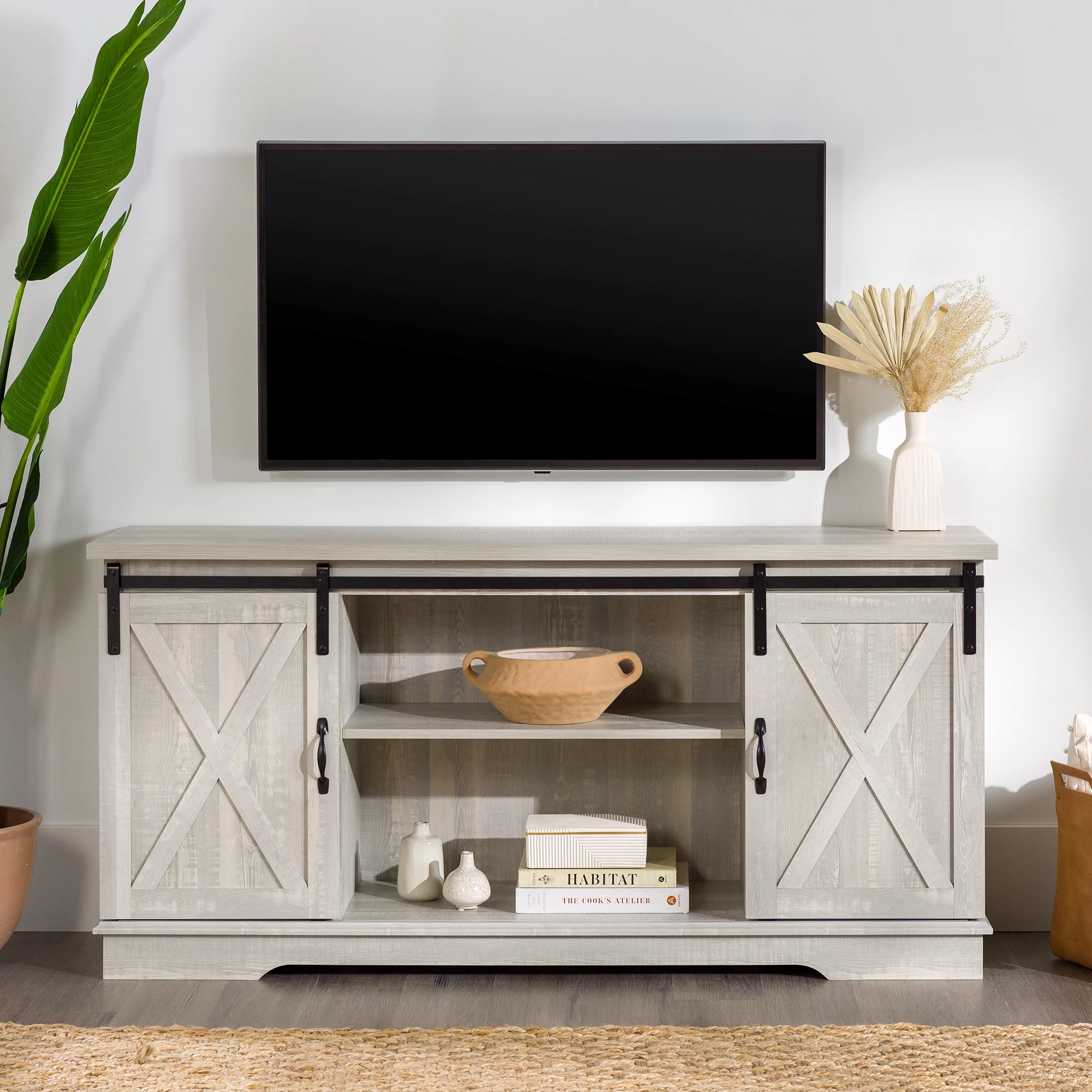 Woven Paths Farmhouse Sliding Barn Door TV Stand for TVs up to 65