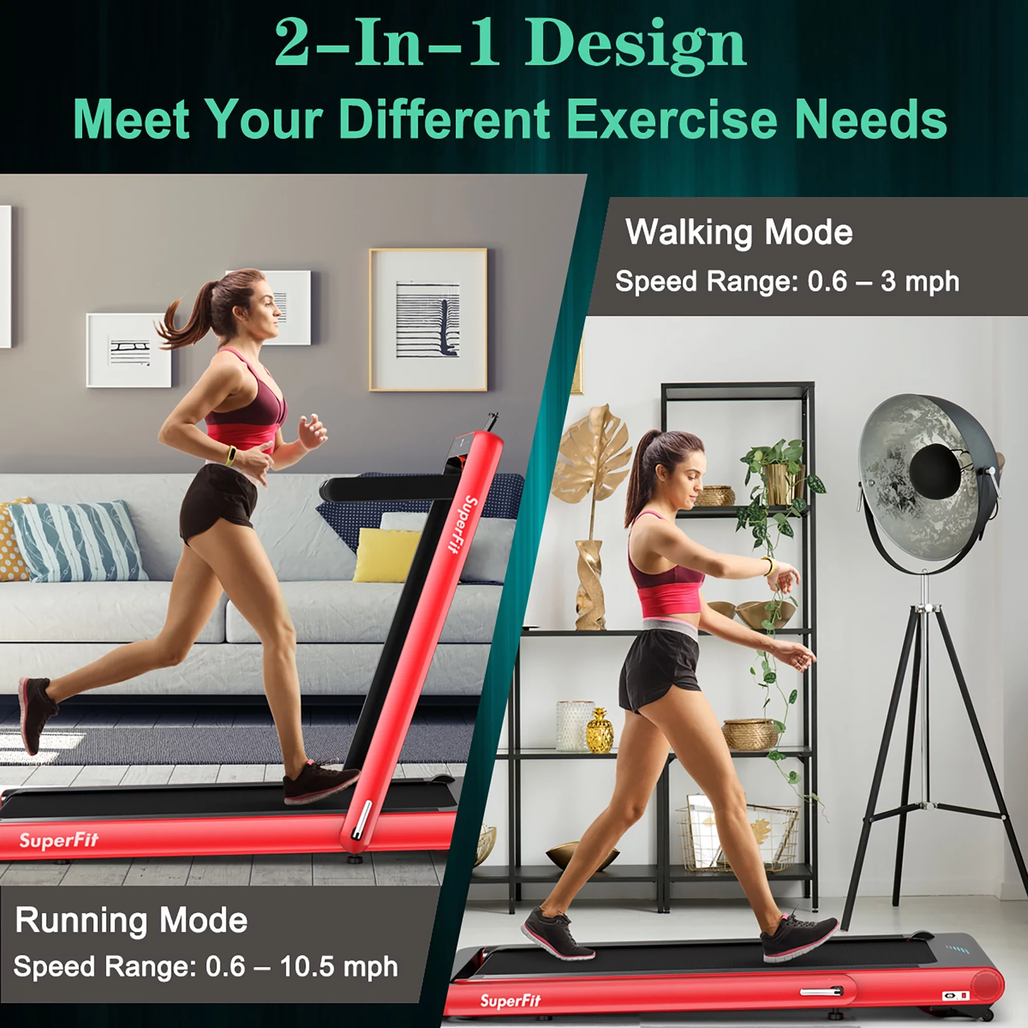 SuperFit 4.75HP 2 In 1 Folding Treadmill W/Remote APP Control White - Womvr