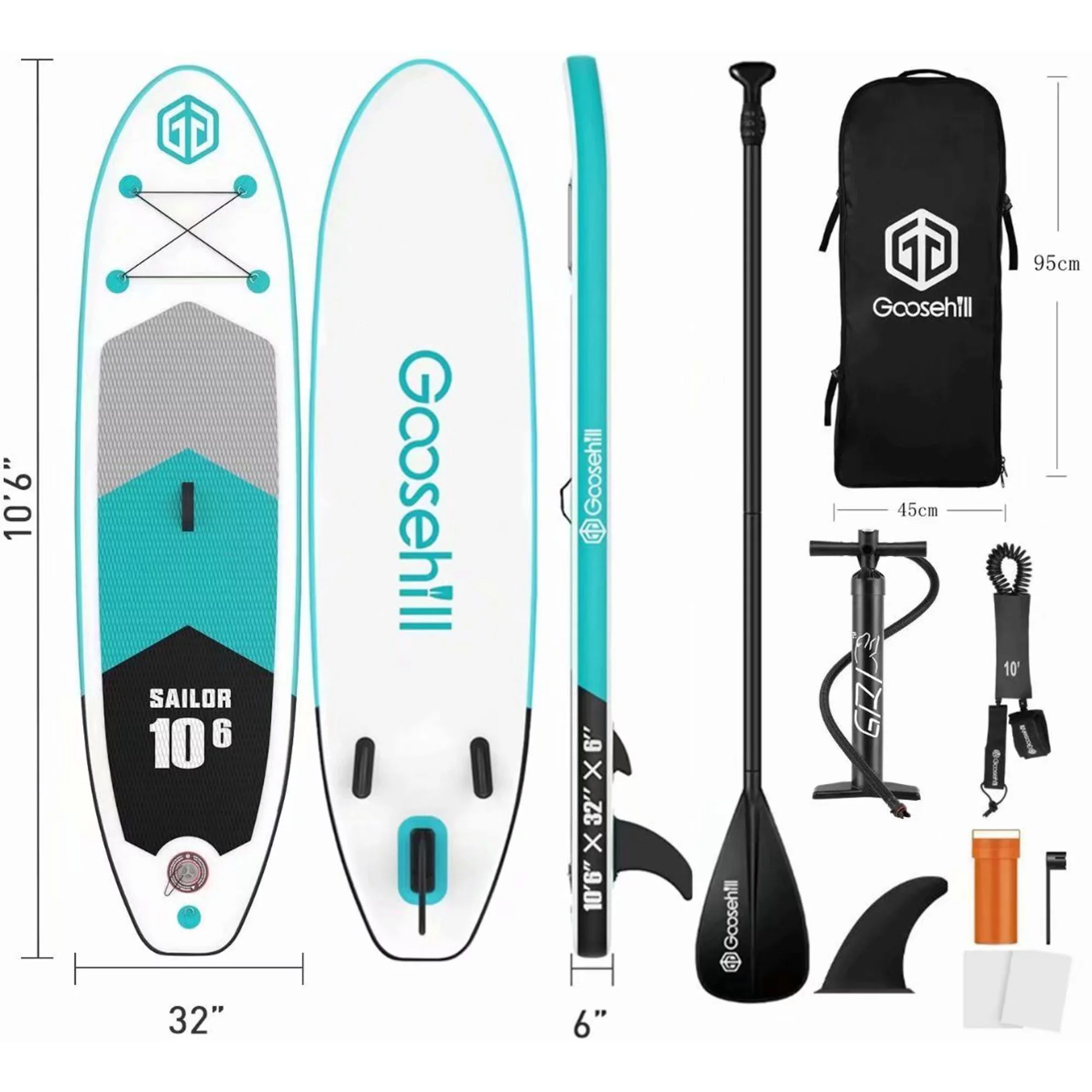 Goosehill Sailor Inflatable Stand Up High-quality Teal Paddle Board, lightweight, SUP Package, 10'6
