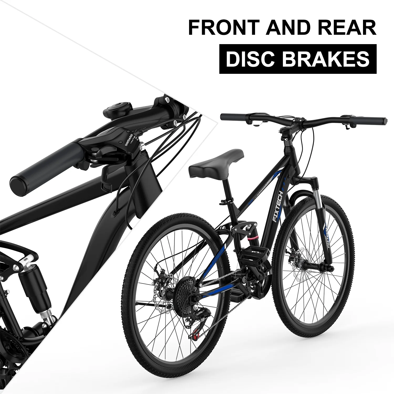 Fixtech 26-inch Mountain Bike with Full Suspension Frame, 21 Speed, Black/Blue - Womvr