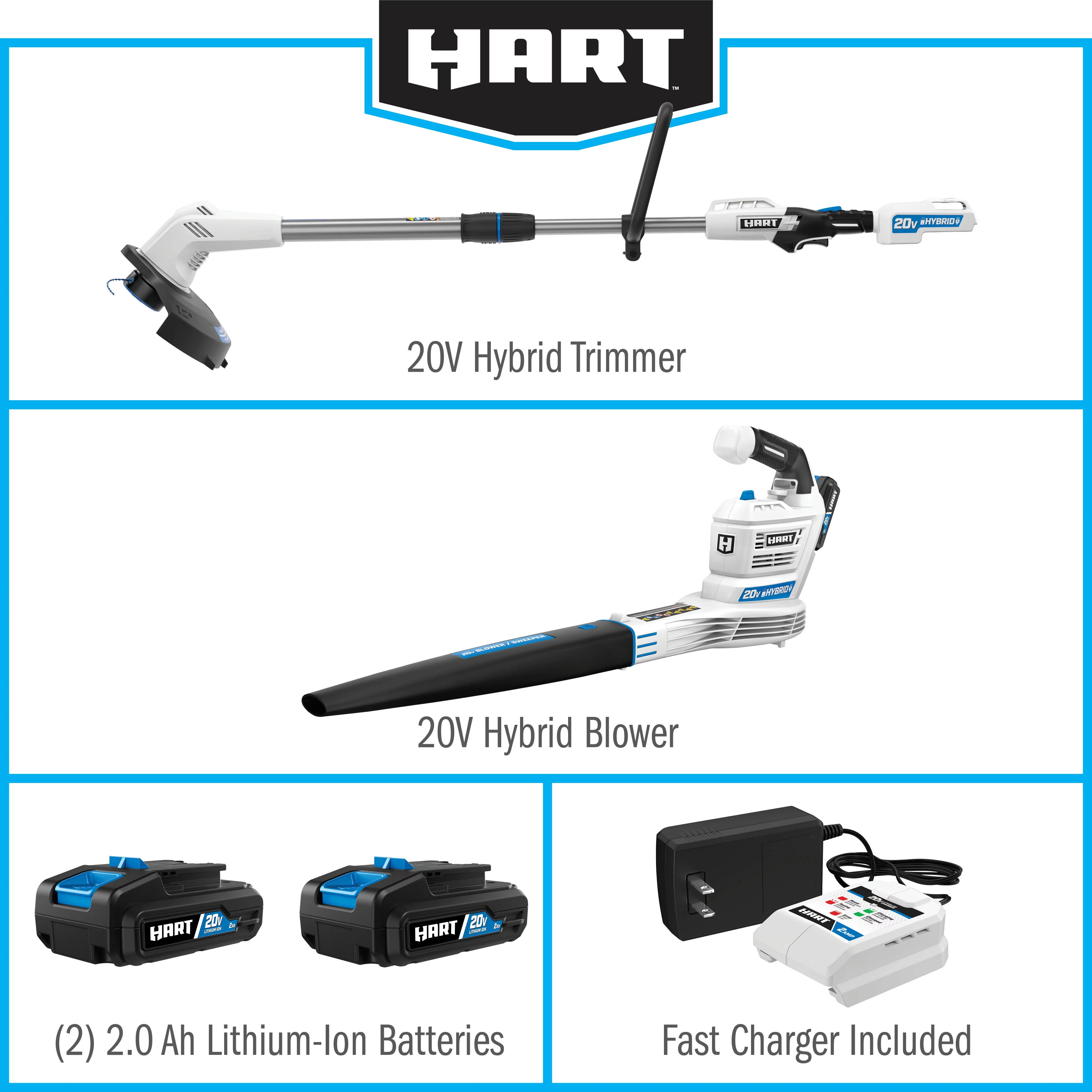 HART 20-Volt Cordless Hybrid 12-inch String Trimmer/Edger and Blower Kit (2) 2.0Ah Lithium-Ion Batteries - Womvr