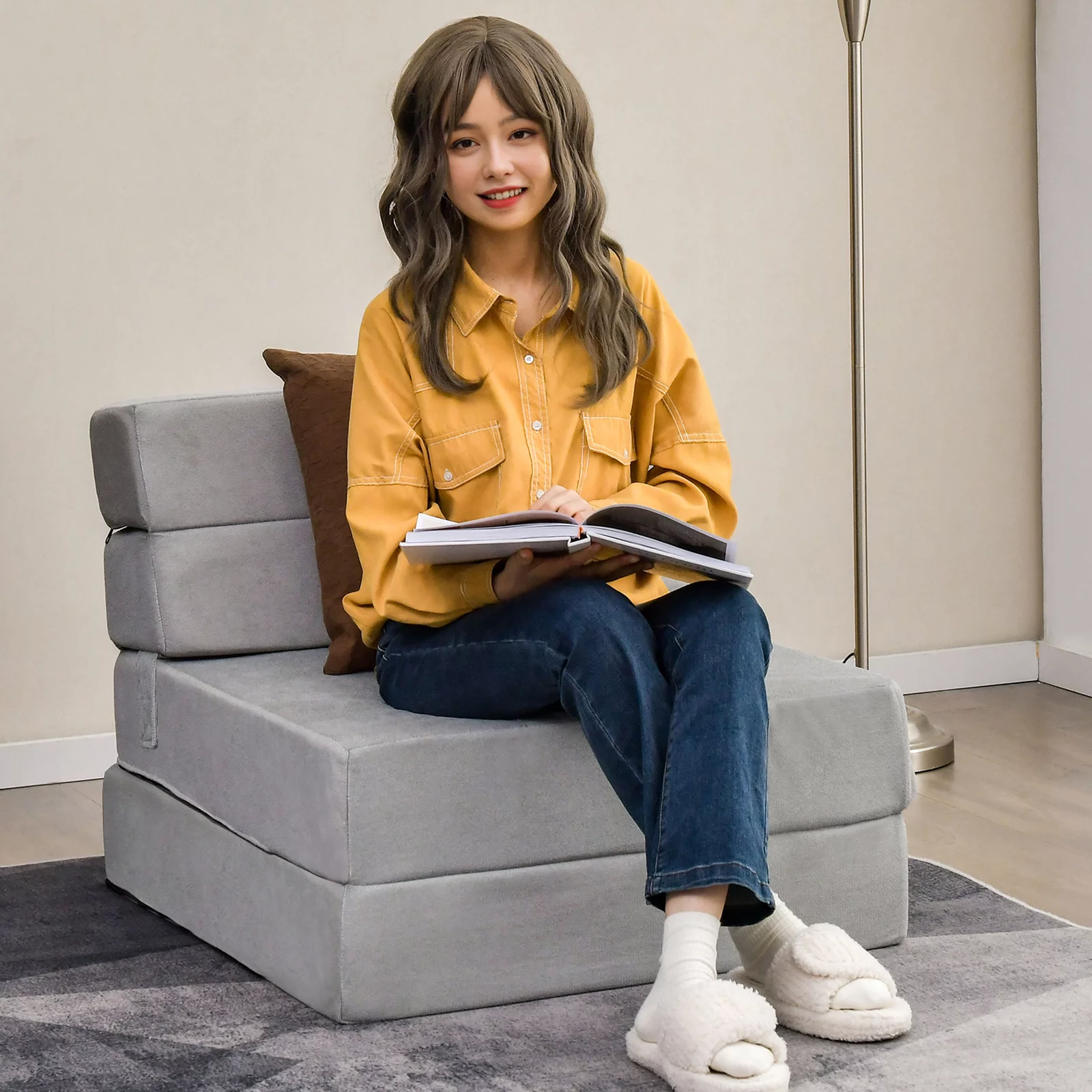 Costway Tri-Fold Fold Down Chair Flip Out Lounger Convertible Sleeper Bed Couch Dorm Grey - Womvr