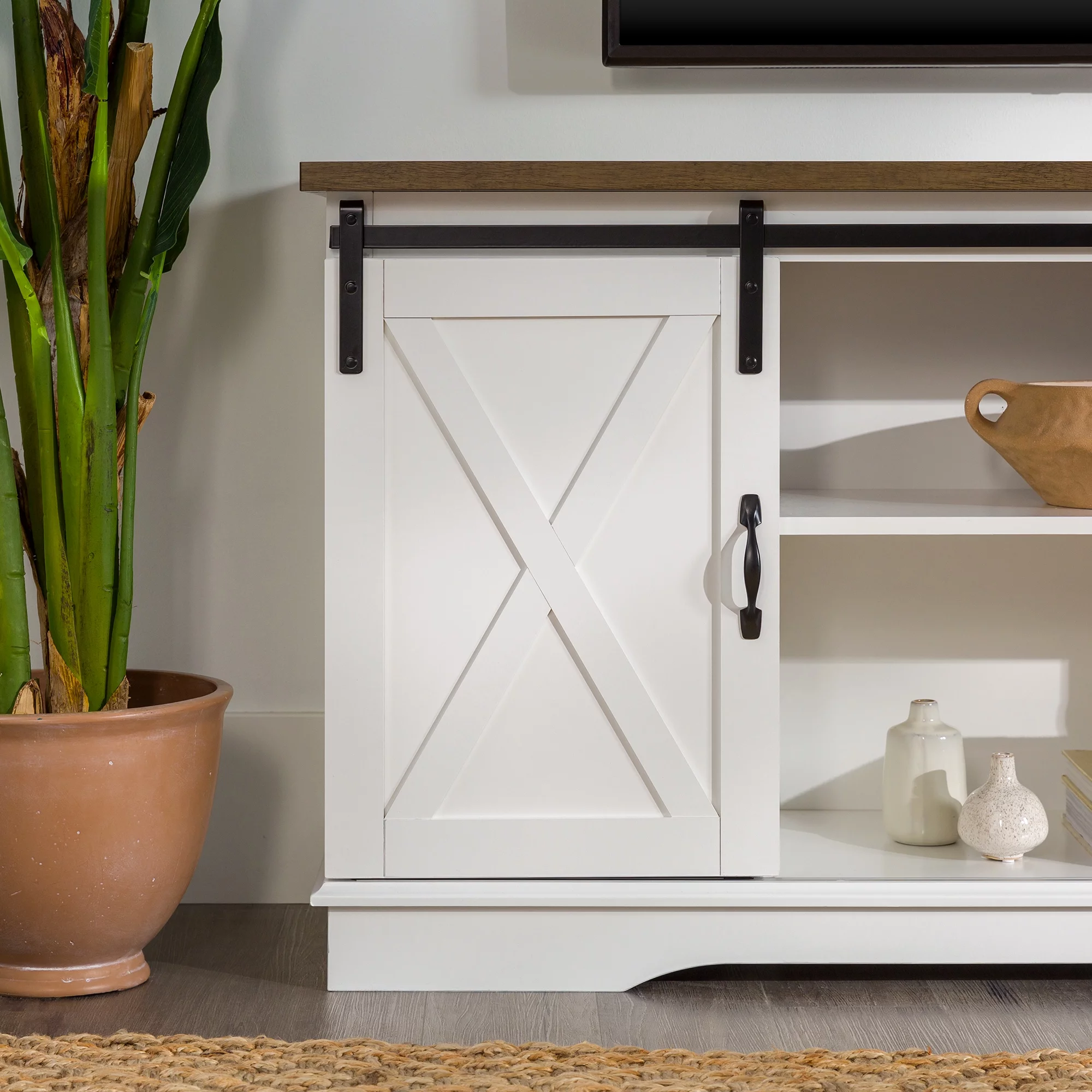 Woven Paths Farmhouse Sliding Barn Door TV Stand for TVs up to 65