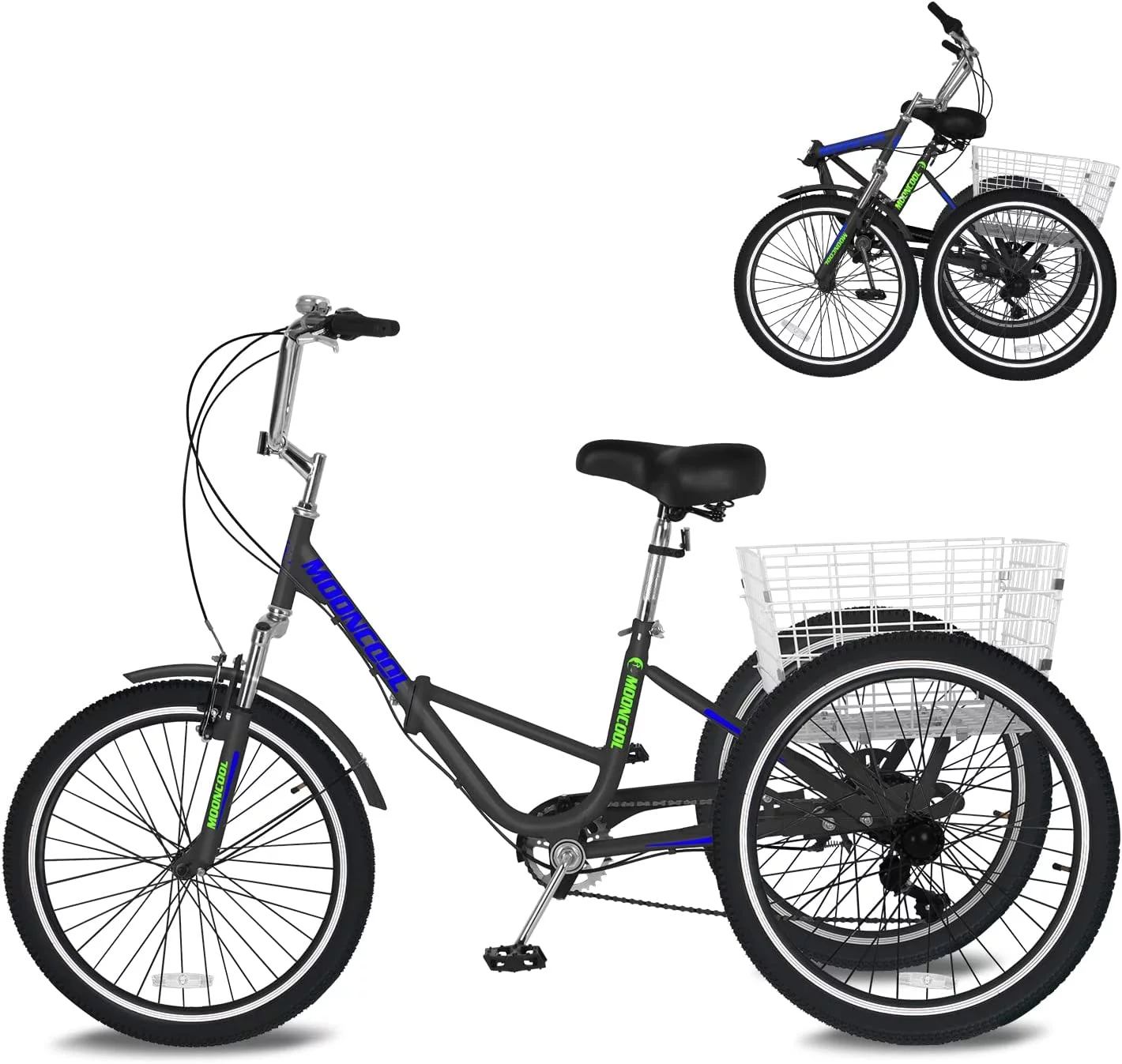 MOONCOOL Adult Folding Tricycle, 7 Speed 20/24/26 inch Adult Tricycles, Three Wheel Bike Cruiser Trike with Large Basket - Womvr