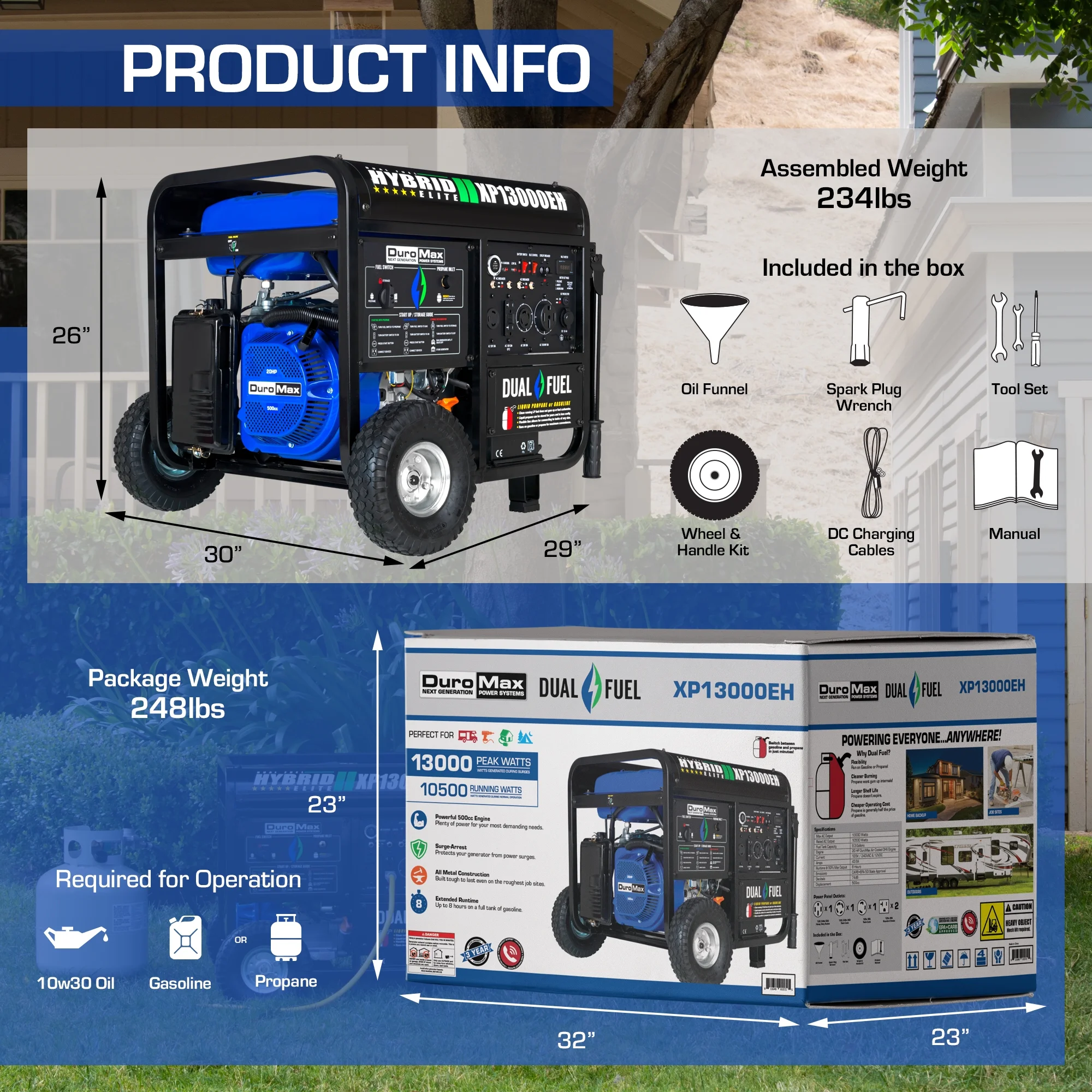 DuroMax XP13000EH 13,000-Watt 500cc Portable Hybrid Gas Propane Generator - Womvr