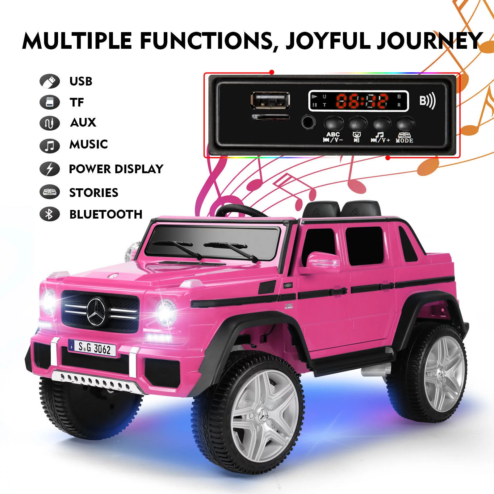 JOYLDIAS 12V Mercedes-Benz G650S Kids Ride On Car Electric Toy w/Remote Control, 3 Speeds, LED Lights, Bluetooth, Music(Pink) - Womvr