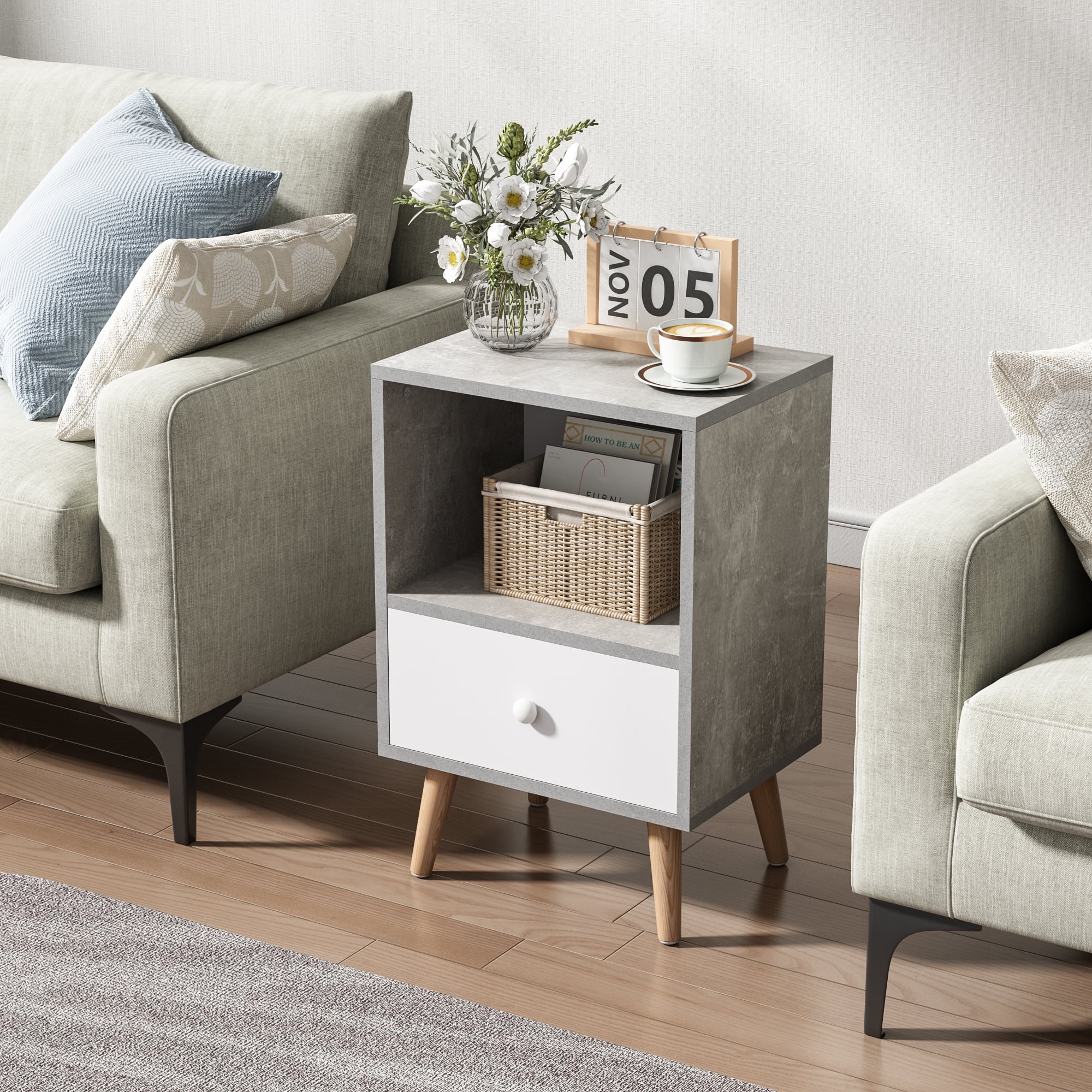 JAXPETY Nightstands Set of 2, Night Stand with 1 Drawer and Open Shelf Storage, End Table, Side Table, for Bedroom, Living Room, Natural Wood & White - Womvr