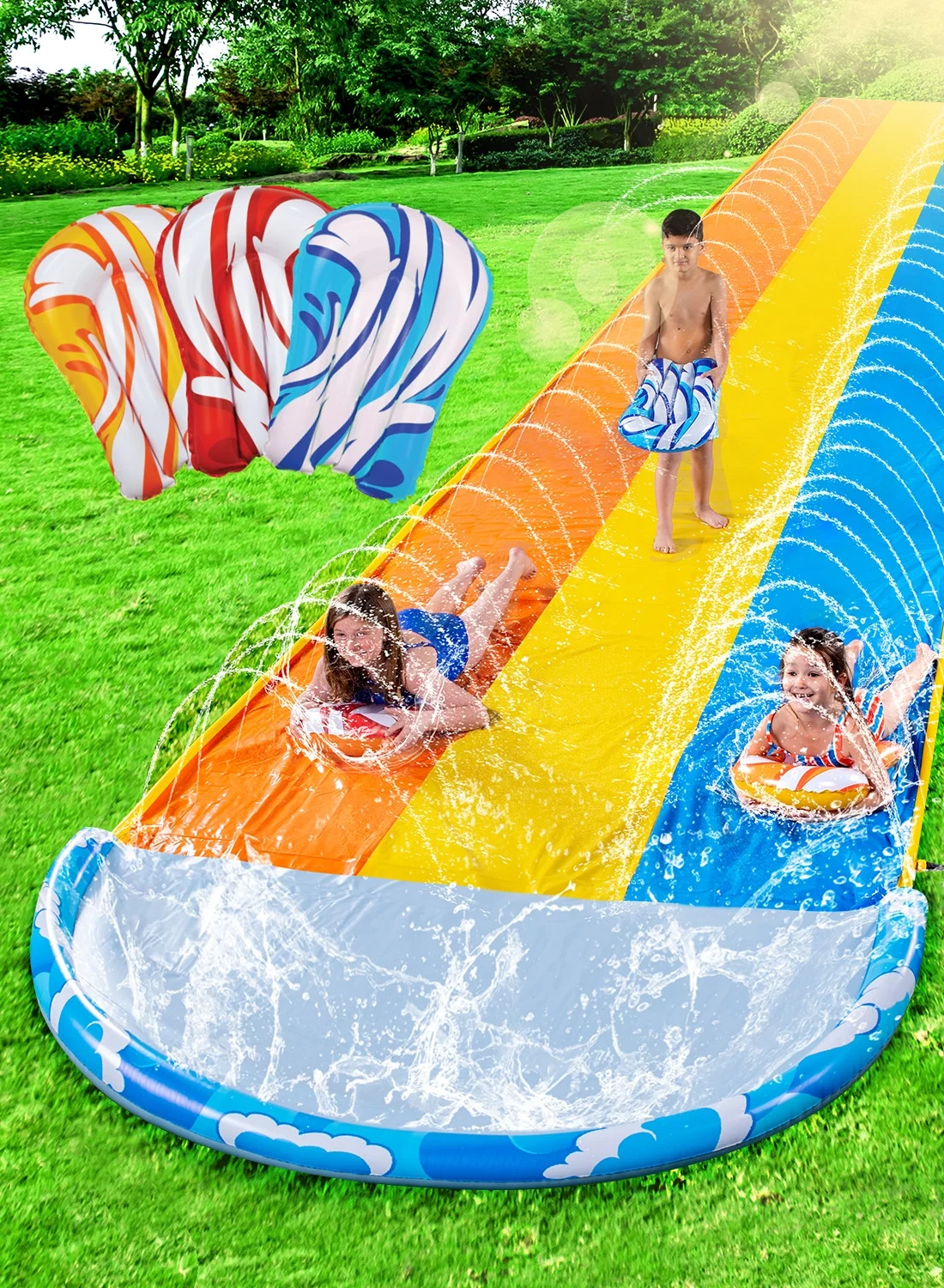 Syncfun 22.5ft Triple Water Slide and 3 Boogie Boards, Backyard Summer Lawn Water Slides Waterslide and Slip Sprinkler Water Toy for Kids Adults Outdoor Fun - Womvr