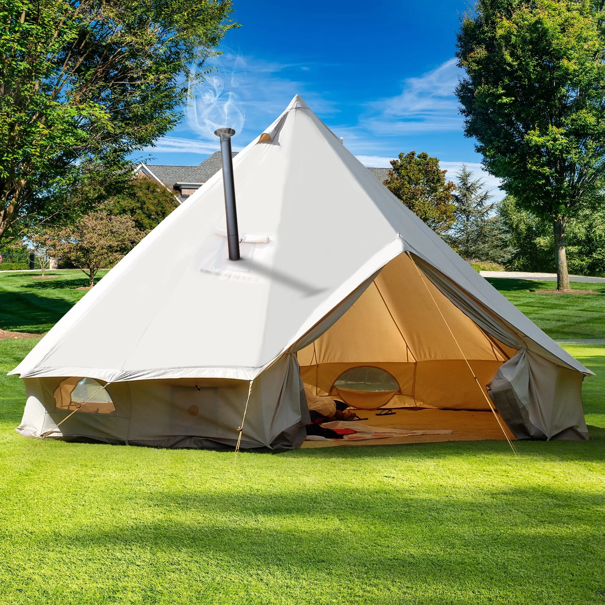 Dextrus Camping Tent 4 Seasons Glamping Bell Tent Waterproof with Stove Jacks & 4 Breathable Windows Cotton for Outdoor Family Party, Camping, Picnic, Barbecue - Womvr