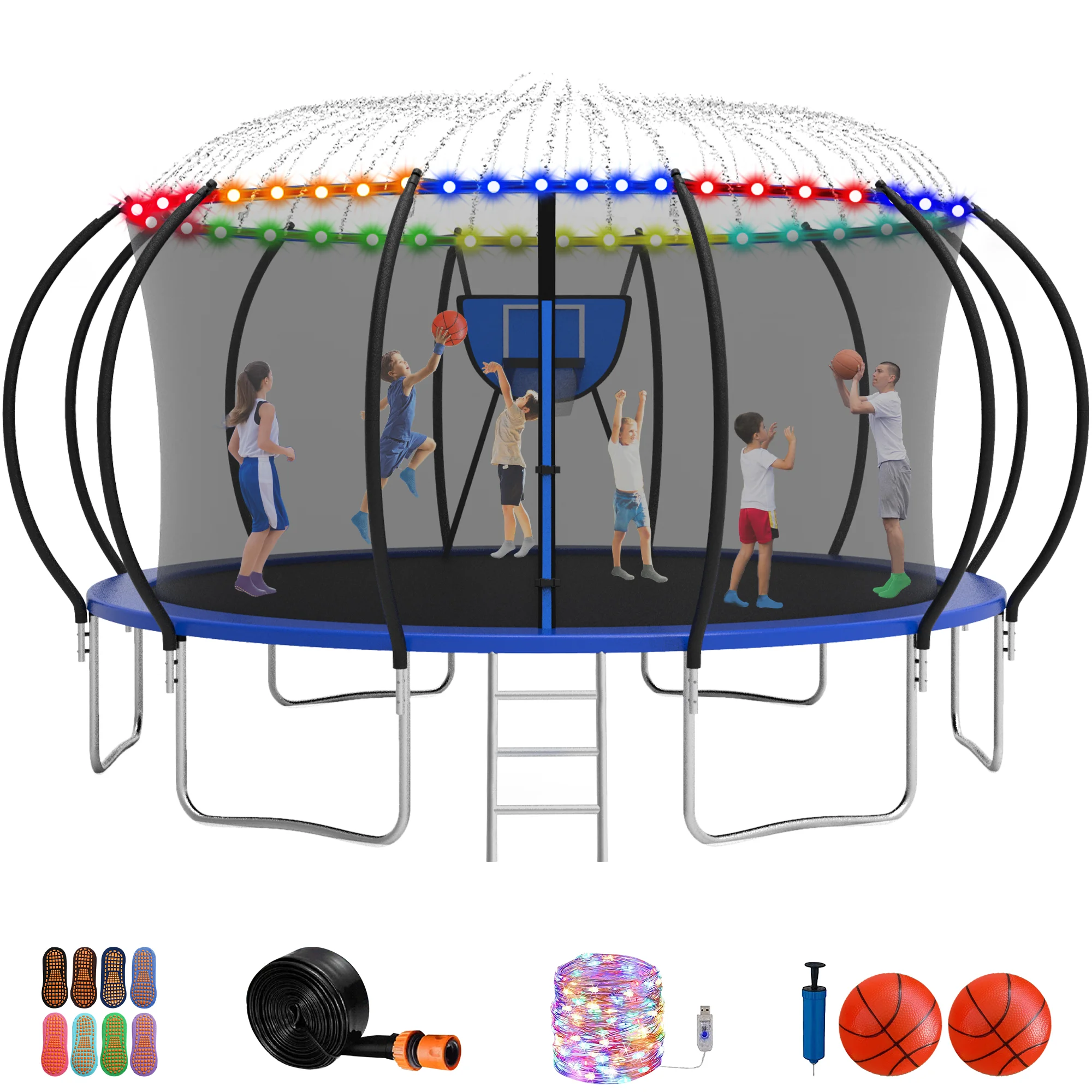 Jump Into Fun Trampoline 16FT, 1500LBS Trampoline for Adults/ 8-10 Kids, Trampoline with Enclosure, Basketball Hoop, 2 Balls, More Gifts, Galvanized Full Spray Round Outdoor Pumpkin Trampoline - Womvr