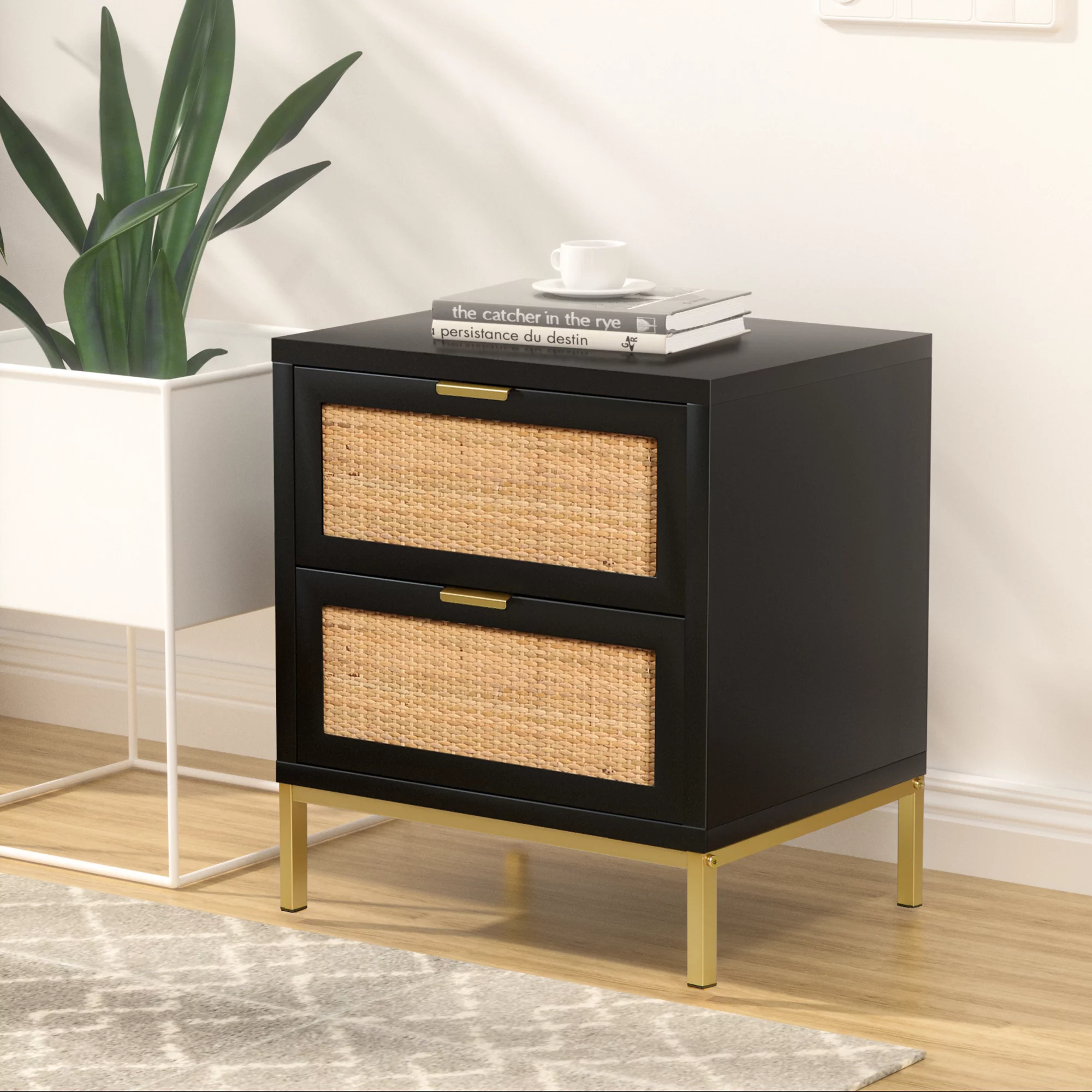 Eumyviv Modern Farmhouse Nightstands with 2 Rattan Drawer,Wood Bedside Table Storage Cabinet for Bedroom, Living Room,Natural Oak H0021 - Womvr