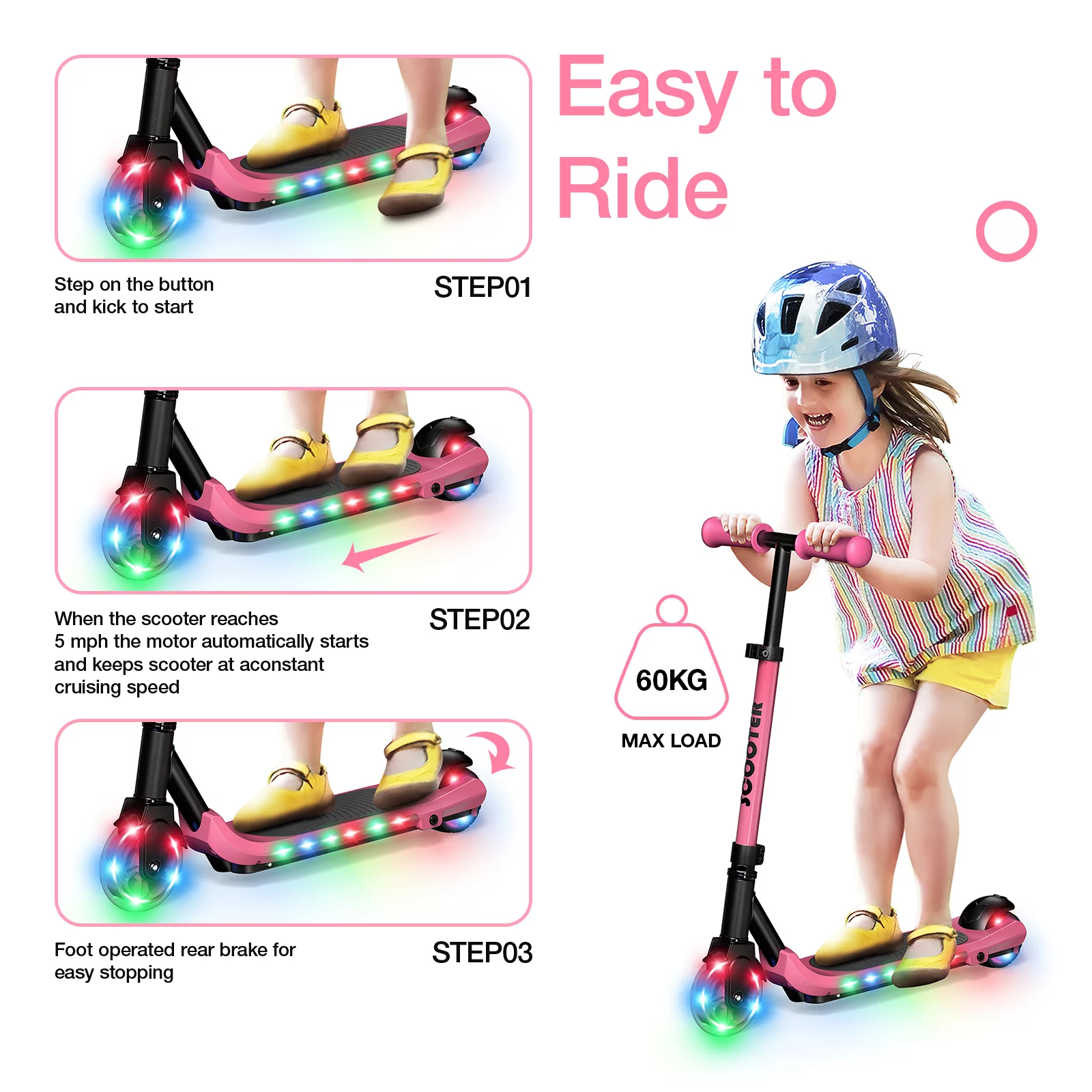 Electric Scooter for Kids, 60W Electric Scooter for Kids Ages 8+, Up to 120 lbs & 60 mins of Ride - Womvr