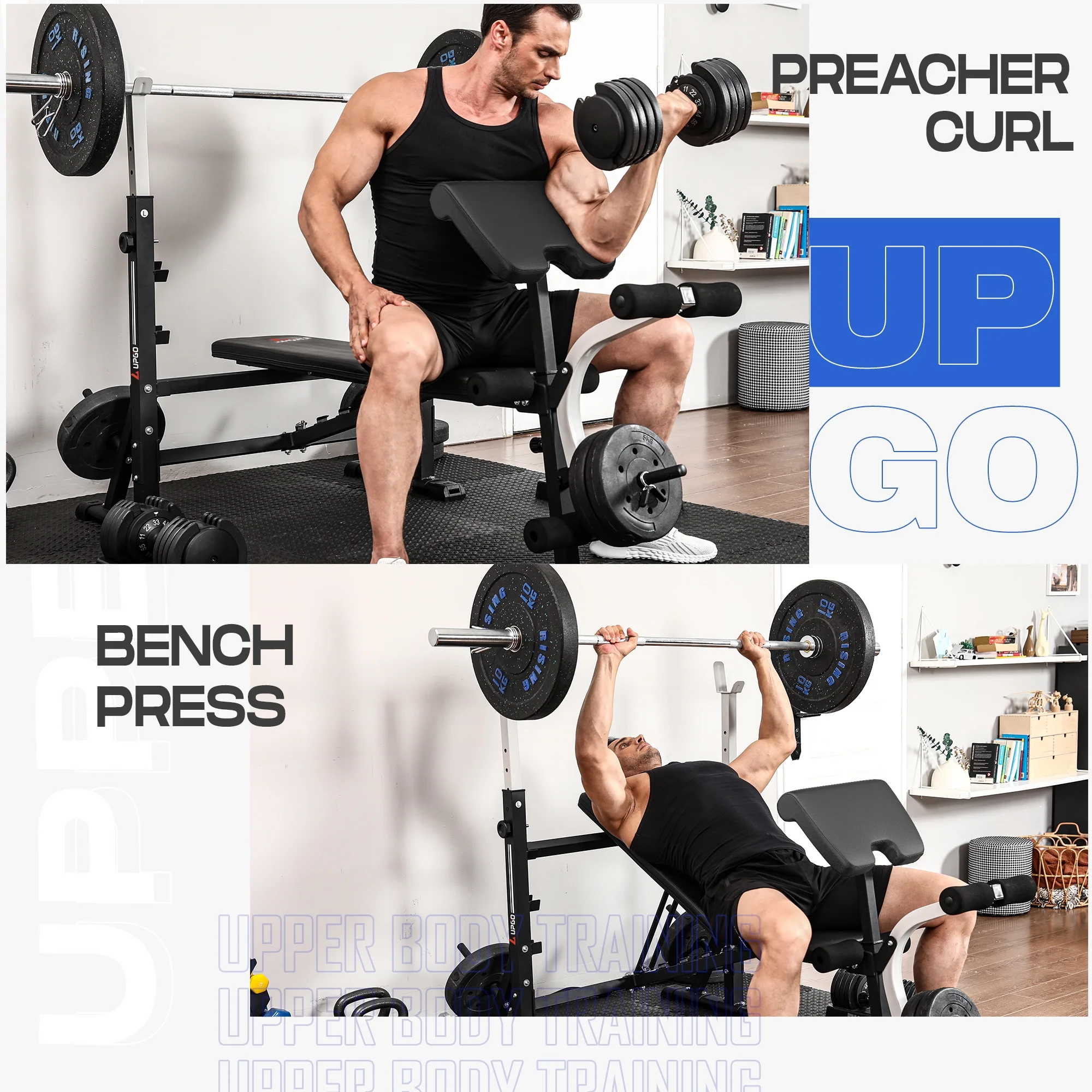 UPGO Standard Weight Bench, Bench Press Set with Preacher Curl Pad and Leg Developer for Home Gym Full-Body Workout,900lbs Max Weight - Womvr