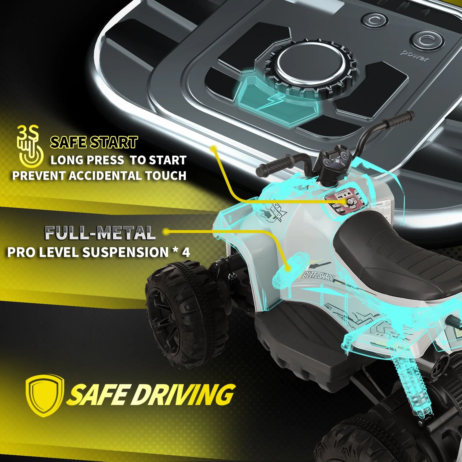 Blitzshark 24V Kids Ride on ATV 4WD Quad Powerful 4-Wheeler, with Big Battery, 6 MPH Speed, Metal Suspension, Police Rider - Womvr