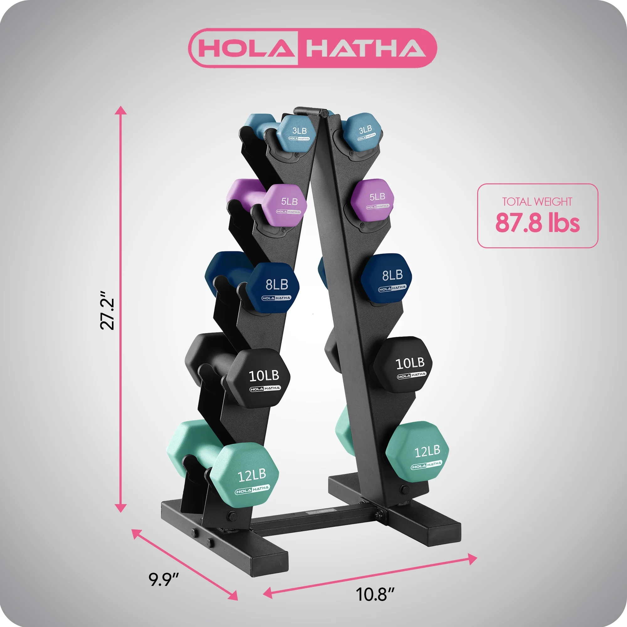 HolaHatha 3, 5, and 8 Pound Dumbbell Hand Weight Set with Storage Rack, Multi - Womvr
