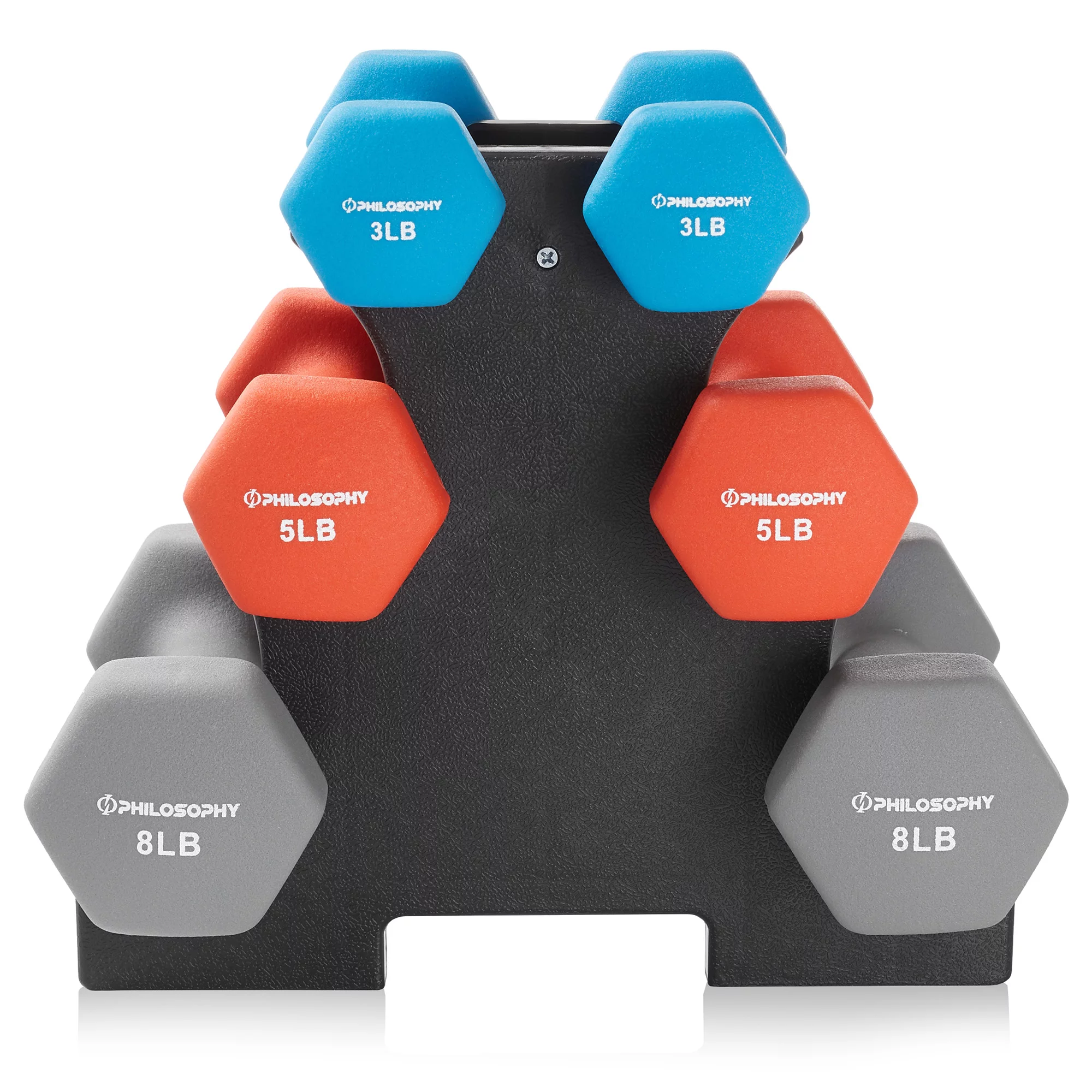 Philosophy Gym Neoprene Dumbbell Hand Weight with Stand, 20 Lbs. (2 Lb., 3 Lb., 5 Lb. Pairs) - Womvr