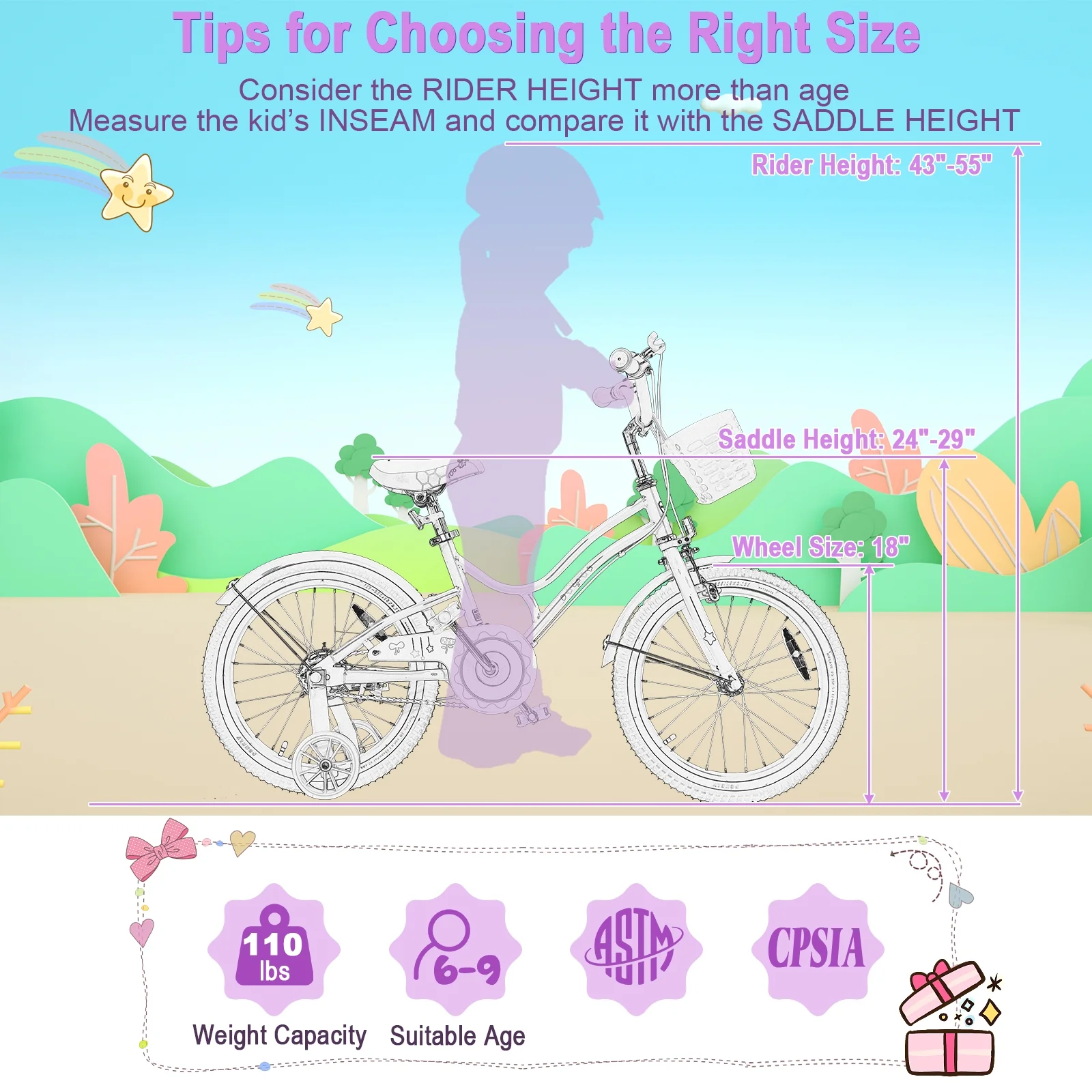 Babyjoy 18 Inch Kid Bike 95% Pre-Assembled Girls Bicycle with Training Wheels & Basket Age 6-9 Years Old Purple - Womvr