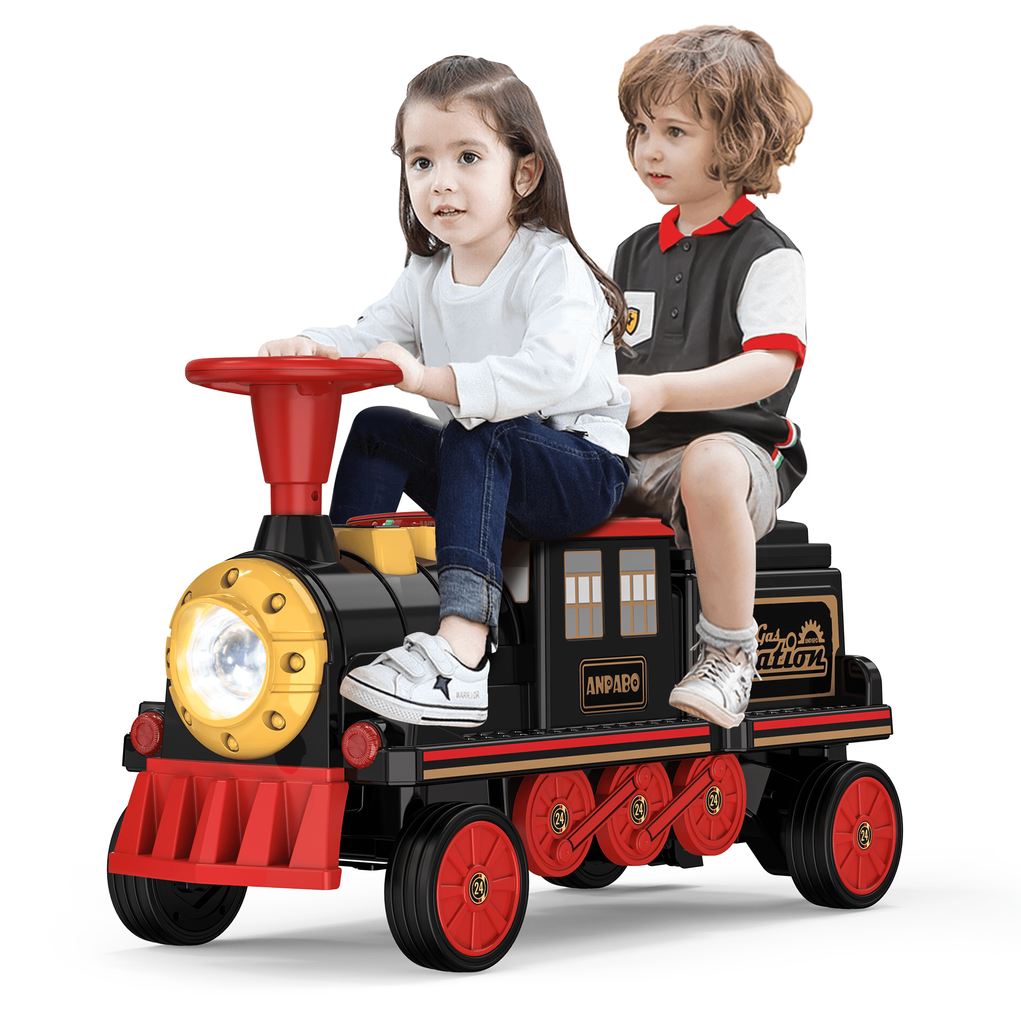TOKTOO 12Volt 2 Seater Kids Ride on Train W/ Rubber Wheels, Storage Box, LED Headlight, Music Player-Black Red - Womvr
