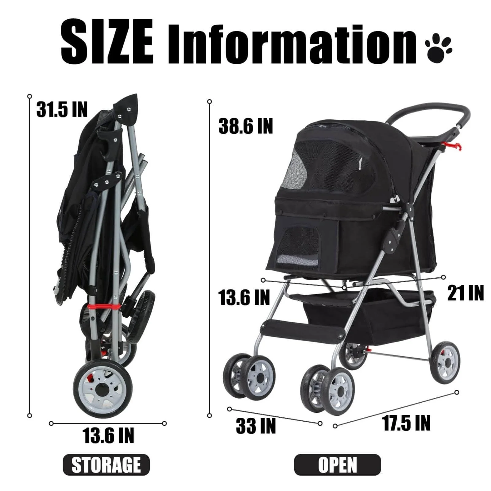 4 Wheels Pet Stroller Foldable Dog Stroller Cat Stroller with Storage Basket & Removable Liner, Travel Lite Foldable Carrier Strolling Cart for Dogs Cats, Black - Womvr