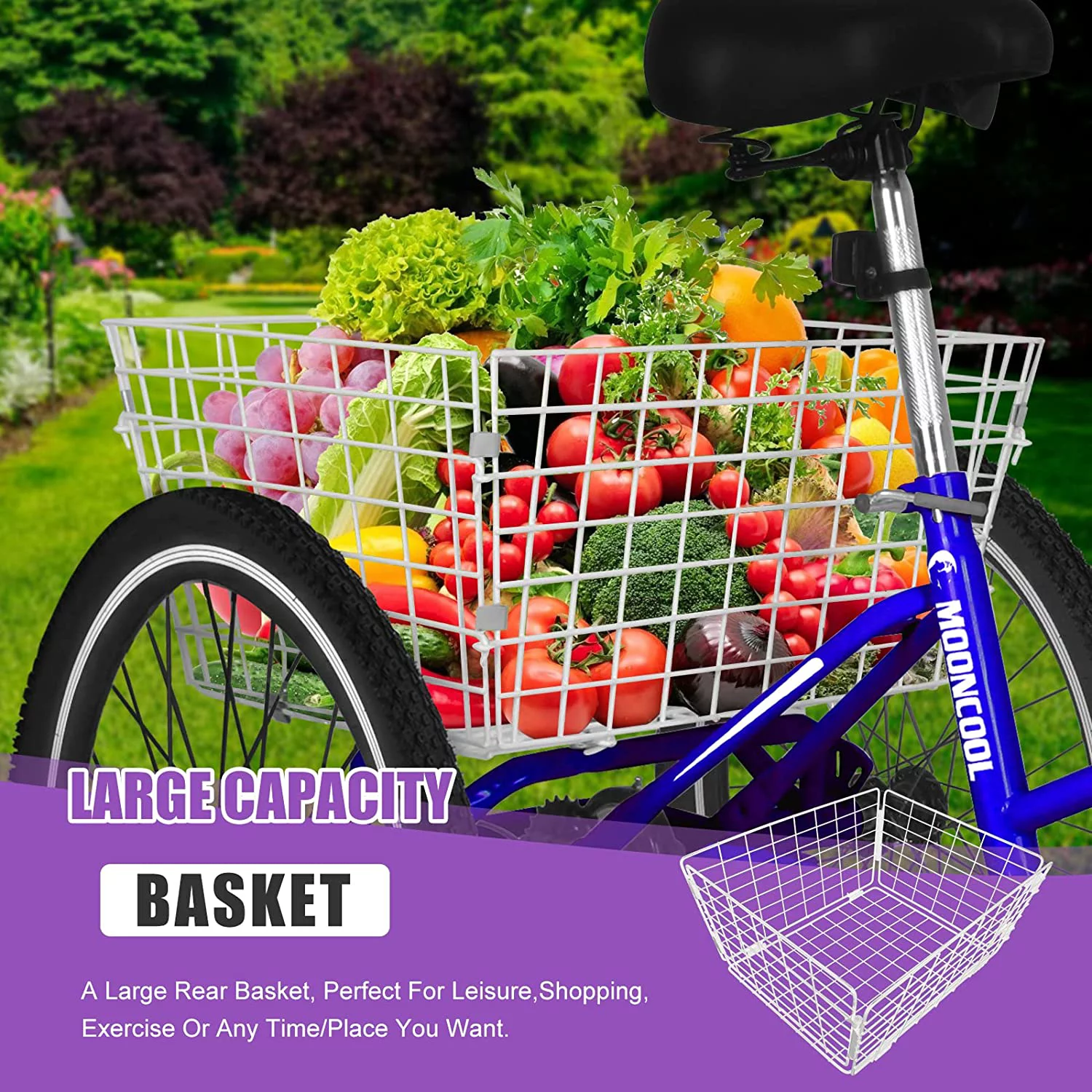 MOONCOOL Adult Folding Tricycle, 7 Speed 20/24/26 inch Adult Tricycles, Three Wheel Bike Cruiser Trike with Large Basket - Womvr