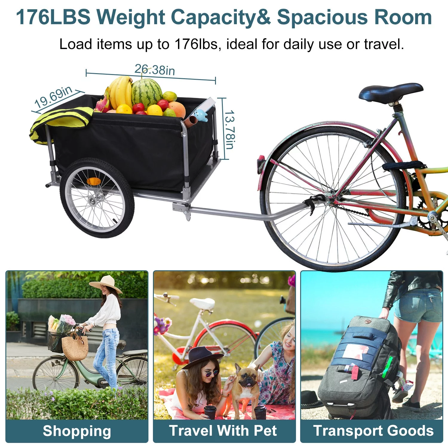 176lbs Bike Cargo Wagon Trailer iMounTEK Foldable Large Bicycle Trailer with Removable Lid Waterproof for Carrying Stuff Plants Tools Black - Womvr