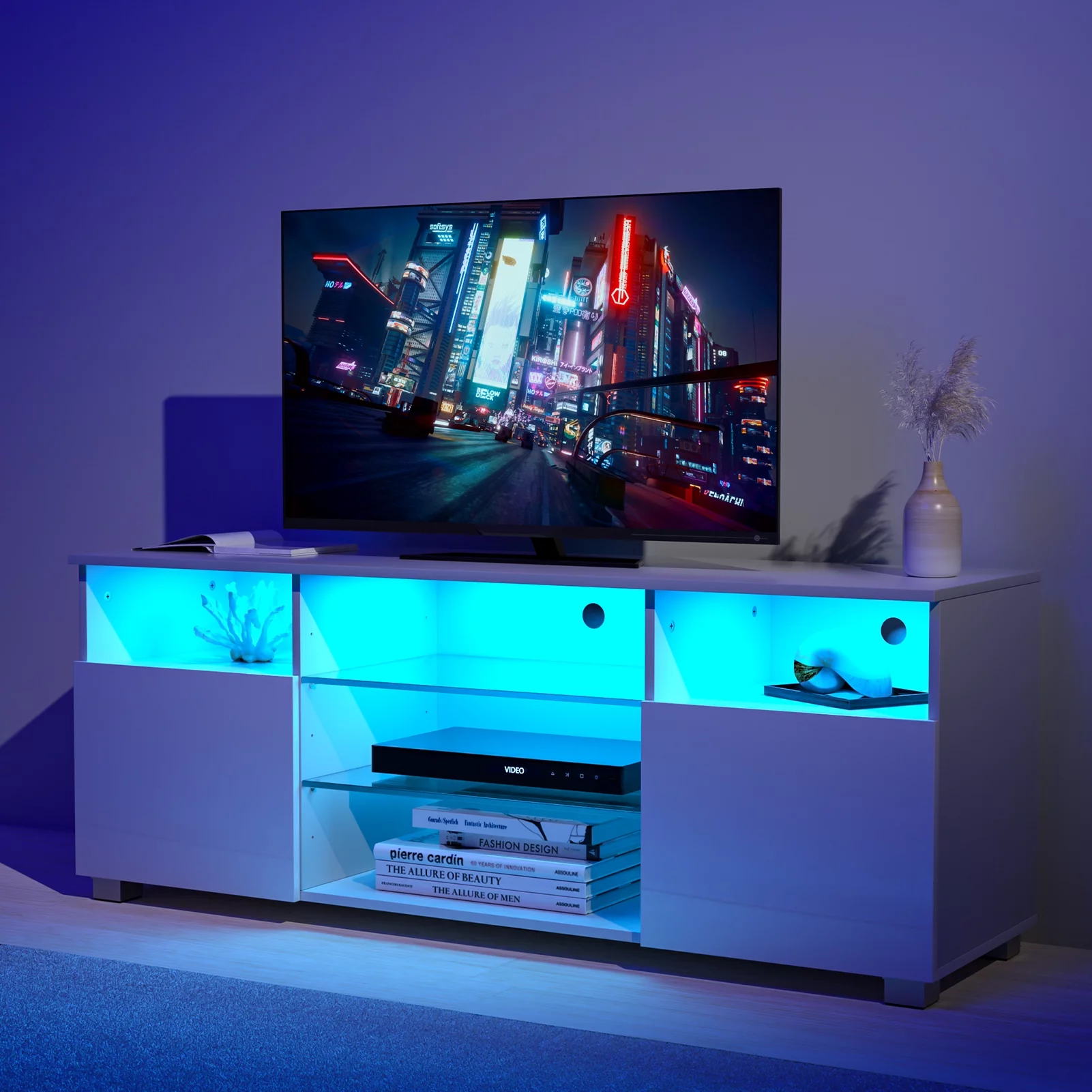 ChVans LED TV Stand for 65/70inch, High Glass Modern Entertainment Center with LED Lights and Glossy Cabinets(Black-65
