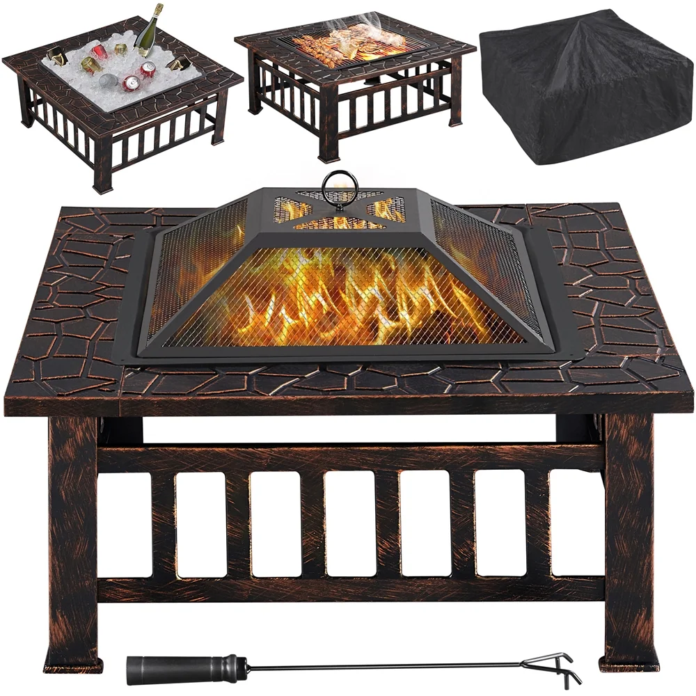 Yaheetech 32''Outdoor Metal Square Fire Pit With cover,Black - Womvr