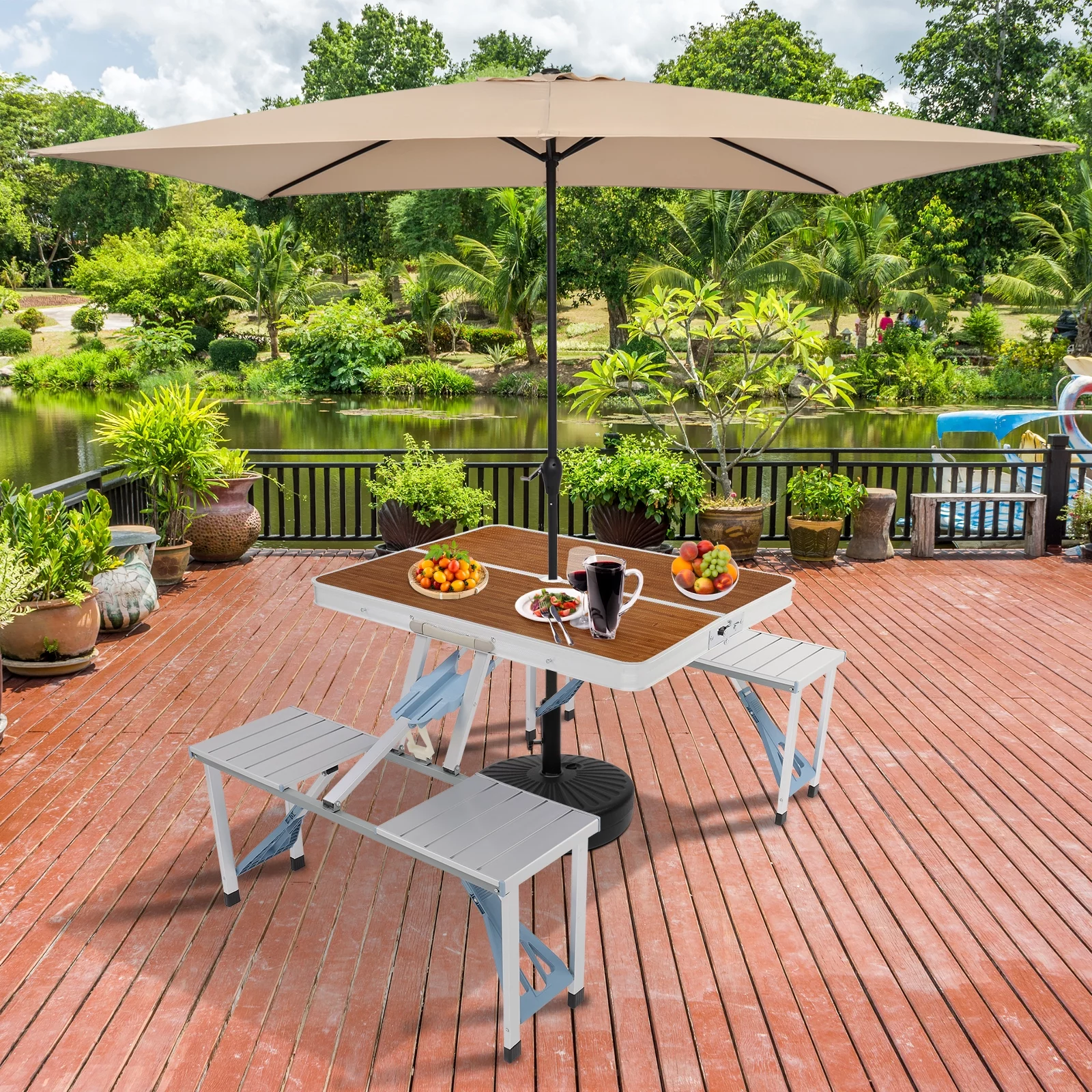 UBesGoo Folding Picnic Table With 4-Person Chair Seats Wood Aluminium Alloy - Womvr