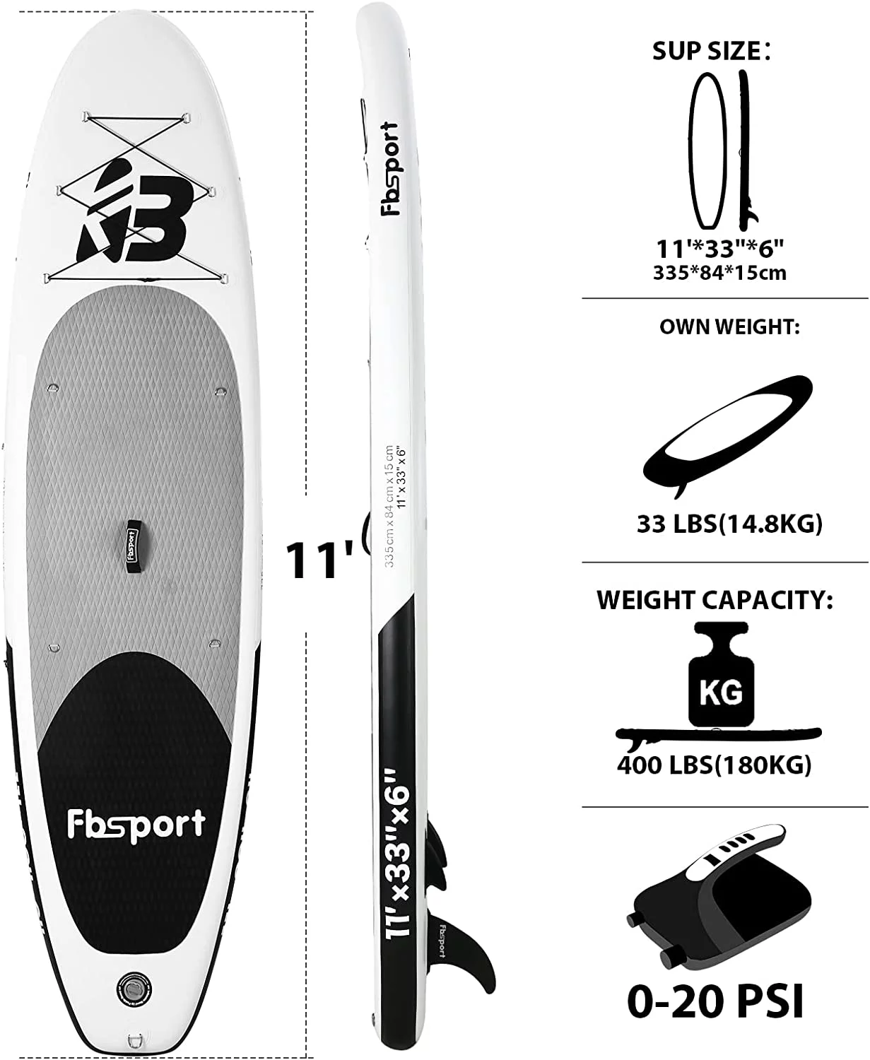 Summer Savings Fbsport 11ft Inflatable Paddle Board SUP, 6'' Thick W/Paddling Fins Electric Pump & Accessories Pack, Green - Womvr
