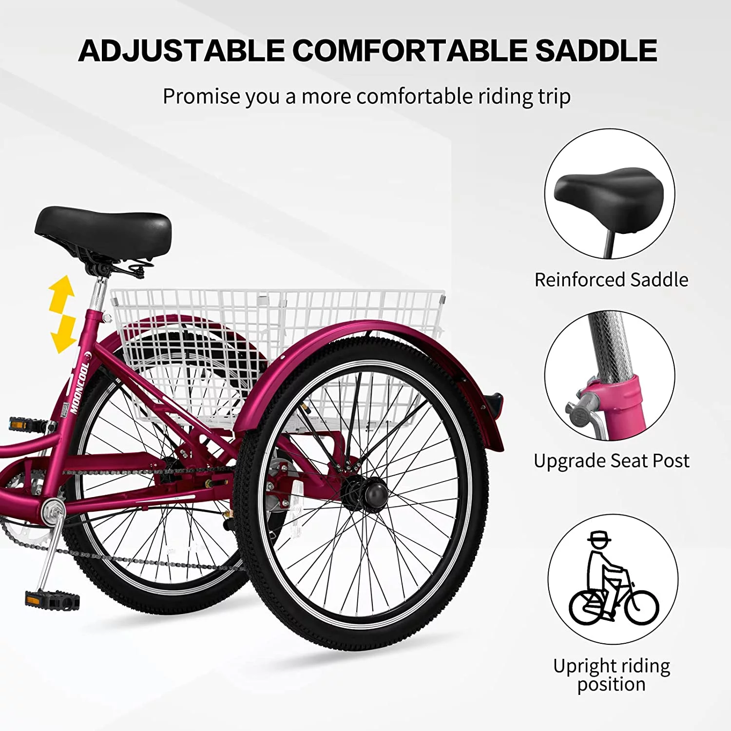 MOONCOOL Adult Tricycles, 3 Wheel 7 Speed Trikes, 20/24/26 inch Adult Trikes 3 Wheeled Bike with Basket for Seniors, Women, Men - Womvr
