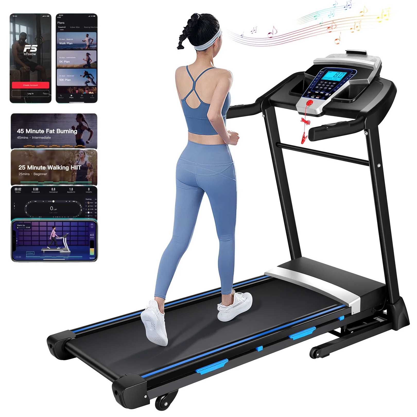 Tikmboex 17'' Folding Treadmill with 15-Level Auto Incline 9.0 mph Speed 12 Preset Program, Strong 3.25HP Motor Running Machine for Cardio Fitness , Black 300lbs - Womvr